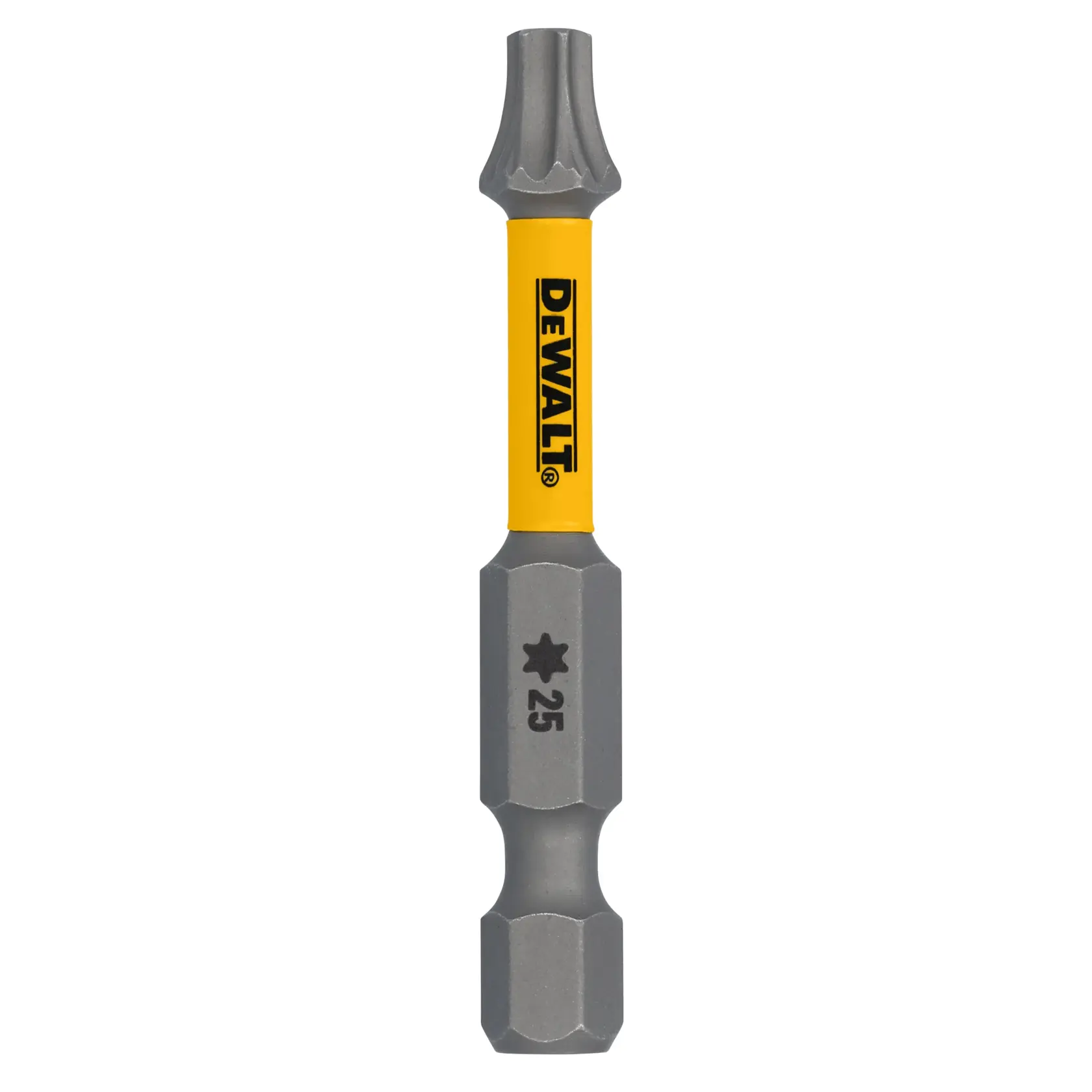 A DEWALT branded Torx screwdriver bit with a yellow shaft and silver ends, marked with '25'.