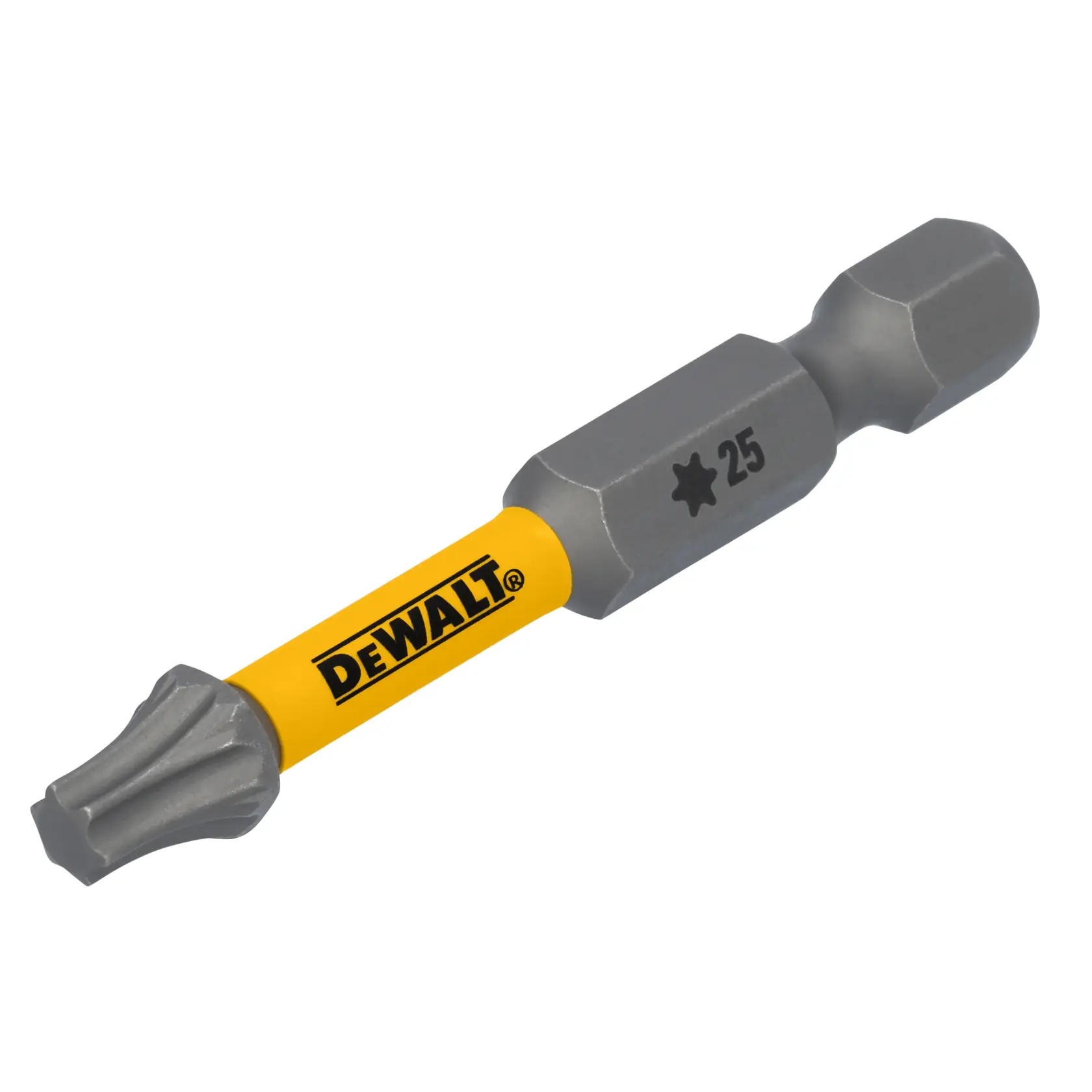 A DEWALT branded Torx screwdriver bit with a yellow shaft and gray ends, featuring a star-shaped tip and the marking '25'.