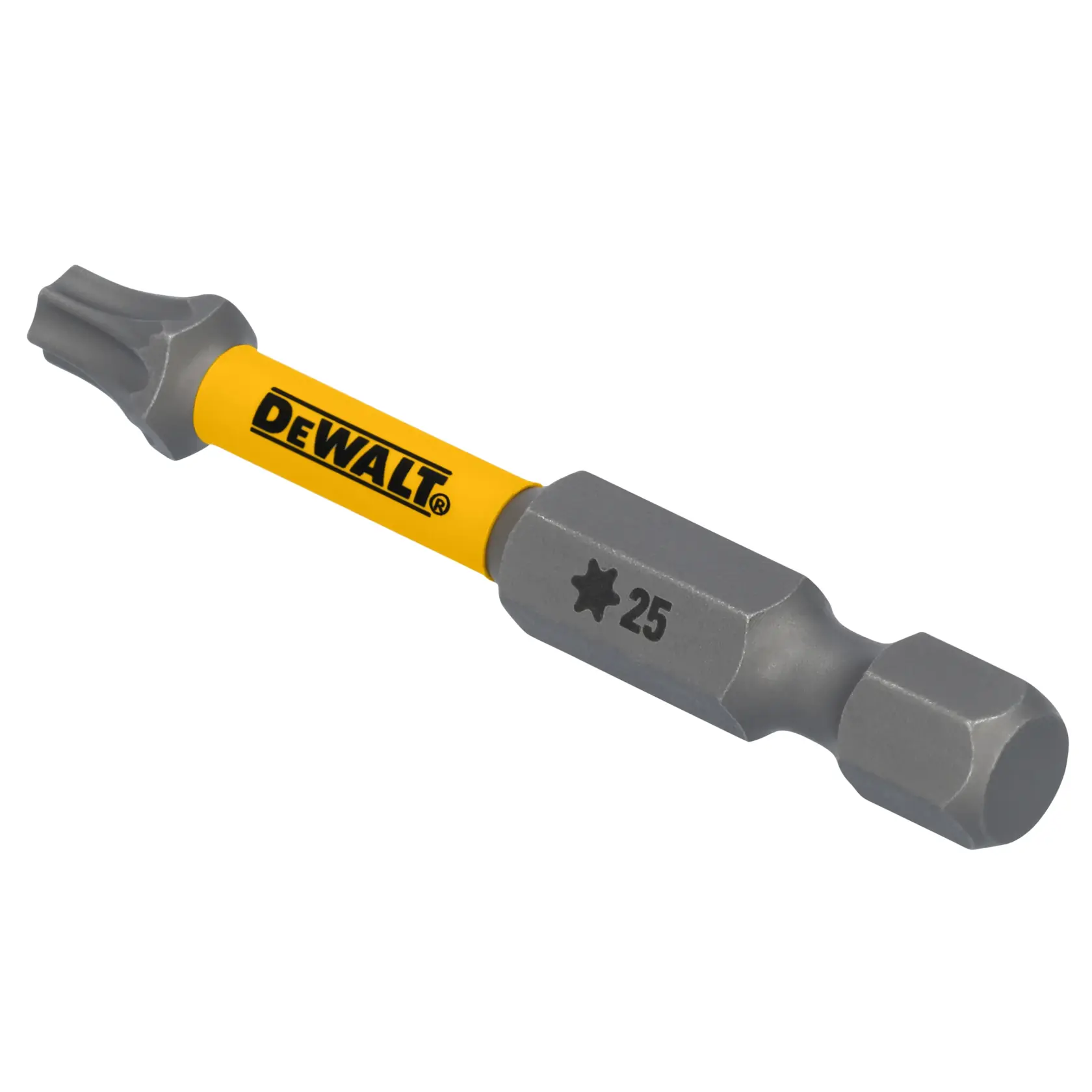 A DEWALT branded Torx 25 screwdriver bit with yellow and gray coloring.