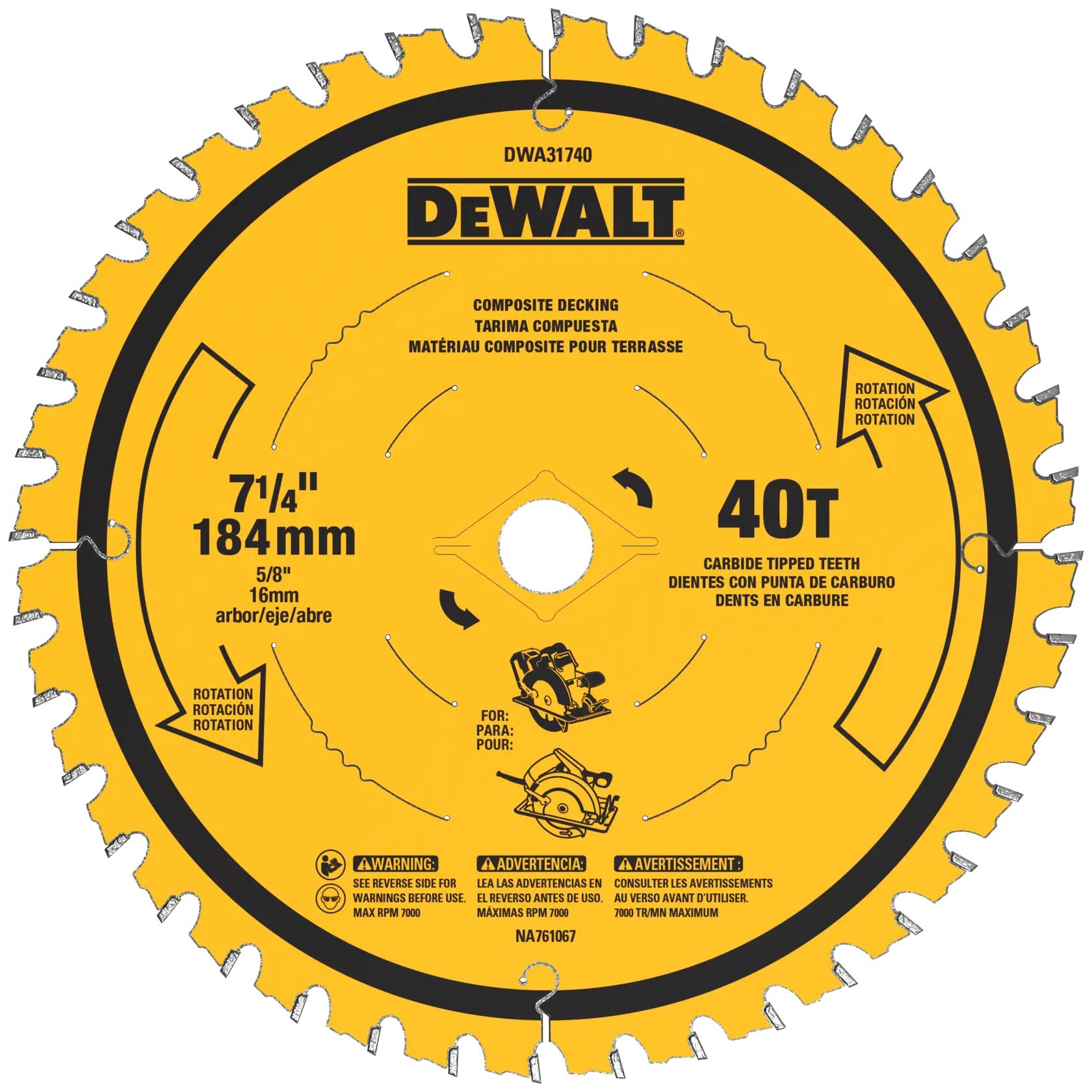 A yellow circular saw blade from DEWALT, model DWA31740, designed for composite decking. The blade measures 7 1/4 inches (184 mm) in diameter, has 40 carbide tipped teeth, and a 5/8 inch (16 mm) arbor. It includes safety warnings and directions for rotation.