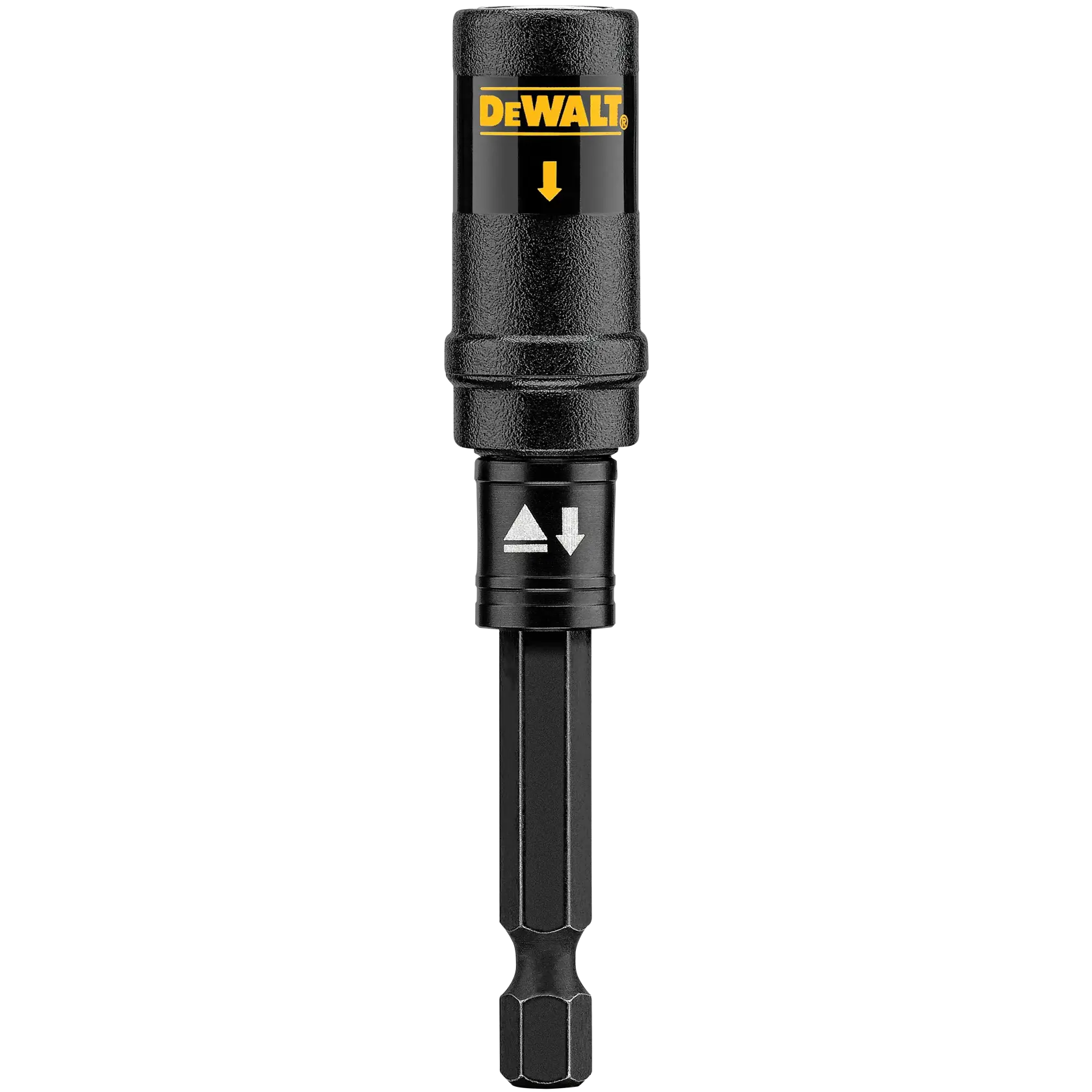 A close-up image of a DEWALT branded bit holder, showing a black metal tool with a yellow DEWALT logo and directional arrow markings.