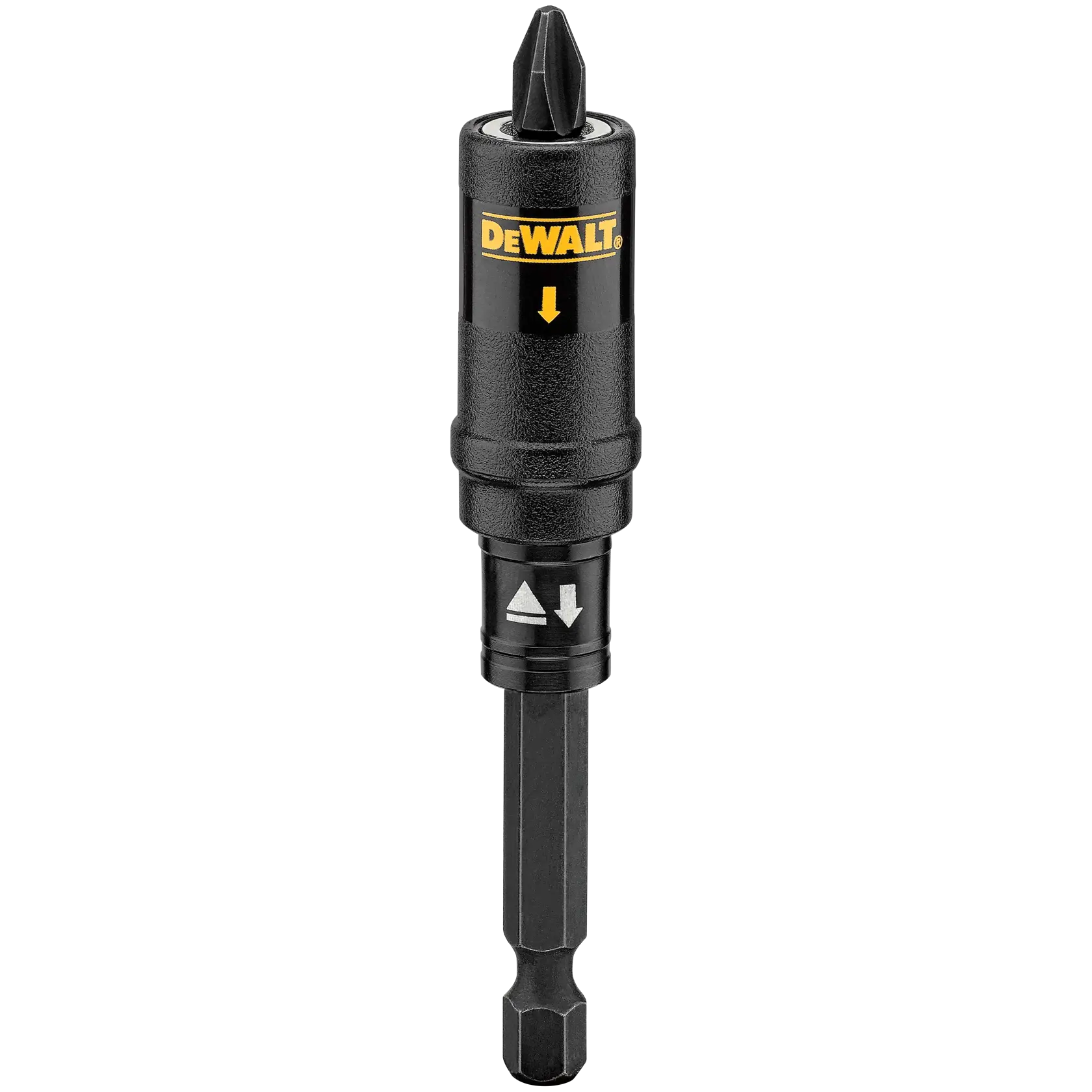 A DEWALT branded black magnetic screw lock bit holder with a Phillips screwdriver bit attached. The tool features hexagonal shank and yellow printed arrows indicating direction.