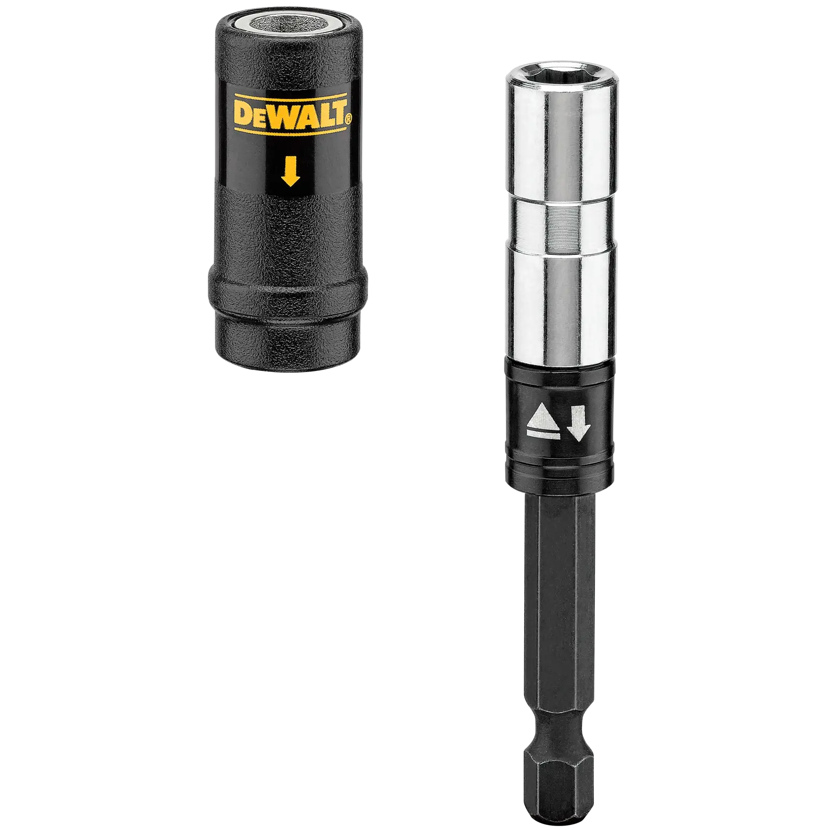 DEWALT magnetic bit holder and drill bit attachment, designed for power tools. The product features a black and silver metal construction with the DEWALT branding and directional arrow indicators.