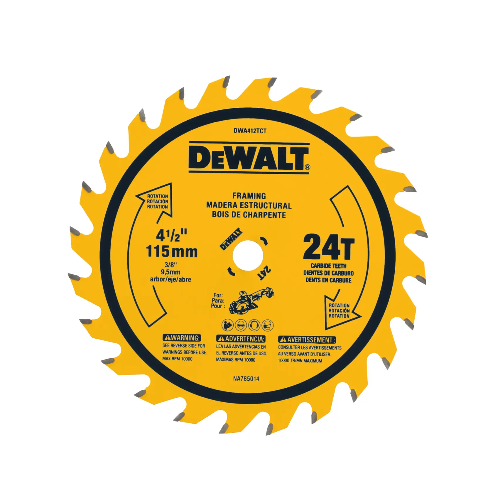 A DeWalt branded circular saw blade designed for framing and structural wood cutting. The blade is yellow with black details, and features 24 carbide teeth. It is labeled as 4-1/2 inches (115 mm) in diameter, with a 3/8 inch (9.5 mm) arbor size. Various warnings and specifications are printed on the blade.
