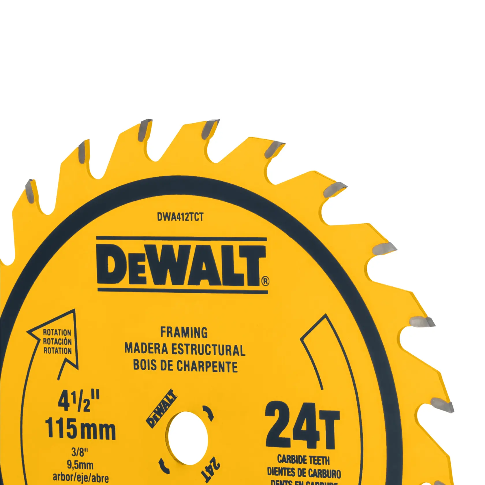 Close-up view of a DEWALT circular saw blade, 4-1/2 inch (115mm) diameter, with 24 carbide teeth. The blade is yellow with black text and is labeled for framing and structural wood cutting.