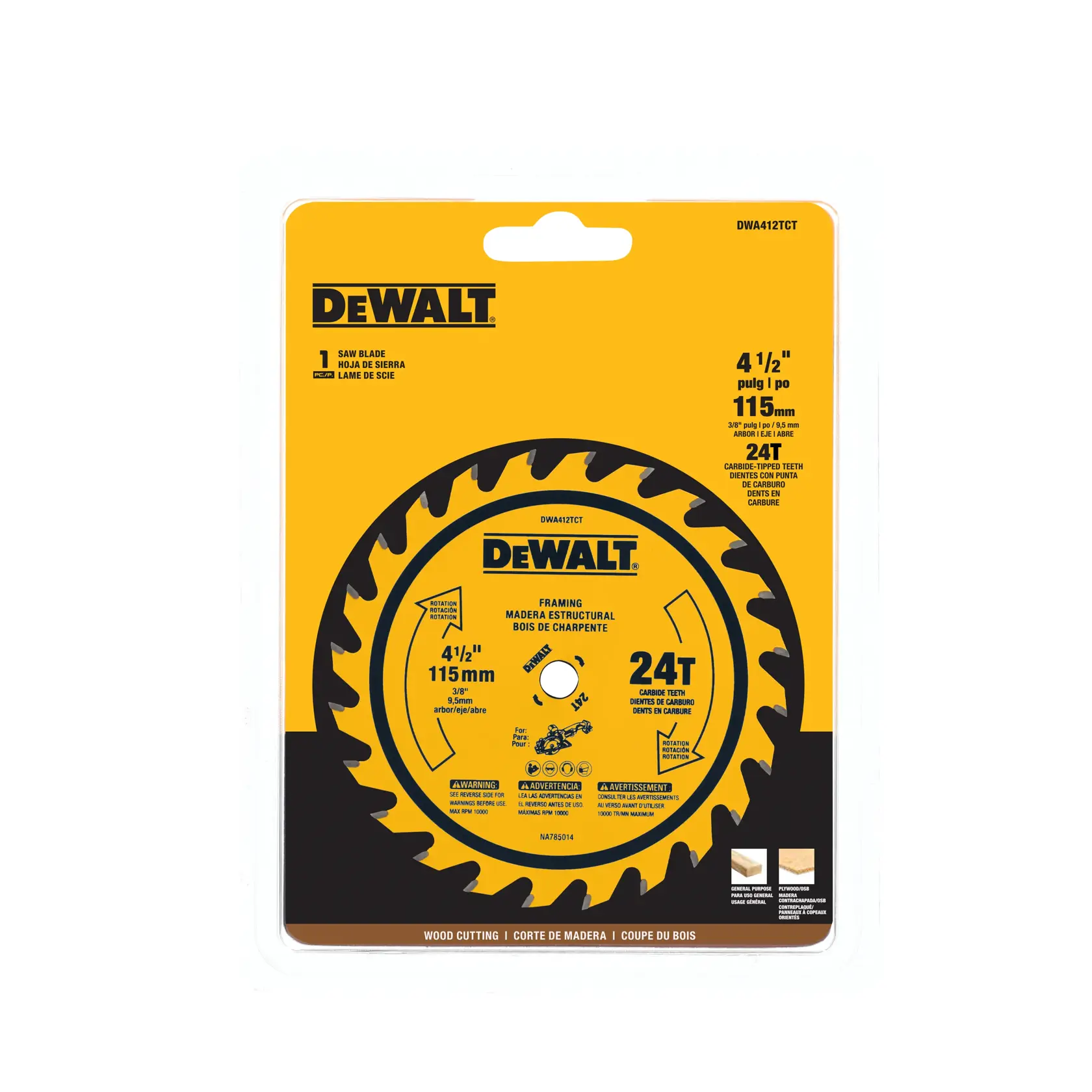 A packaged DEWALT circular saw blade for wood cutting. The packaging is yellow with black text, displaying the brand DEWALT at the top. The saw blade is designed for framing, has 24 carbide-tipped teeth, a 4 1/2 inch (115 mm) diameter, and is labeled for use in wood cutting.
