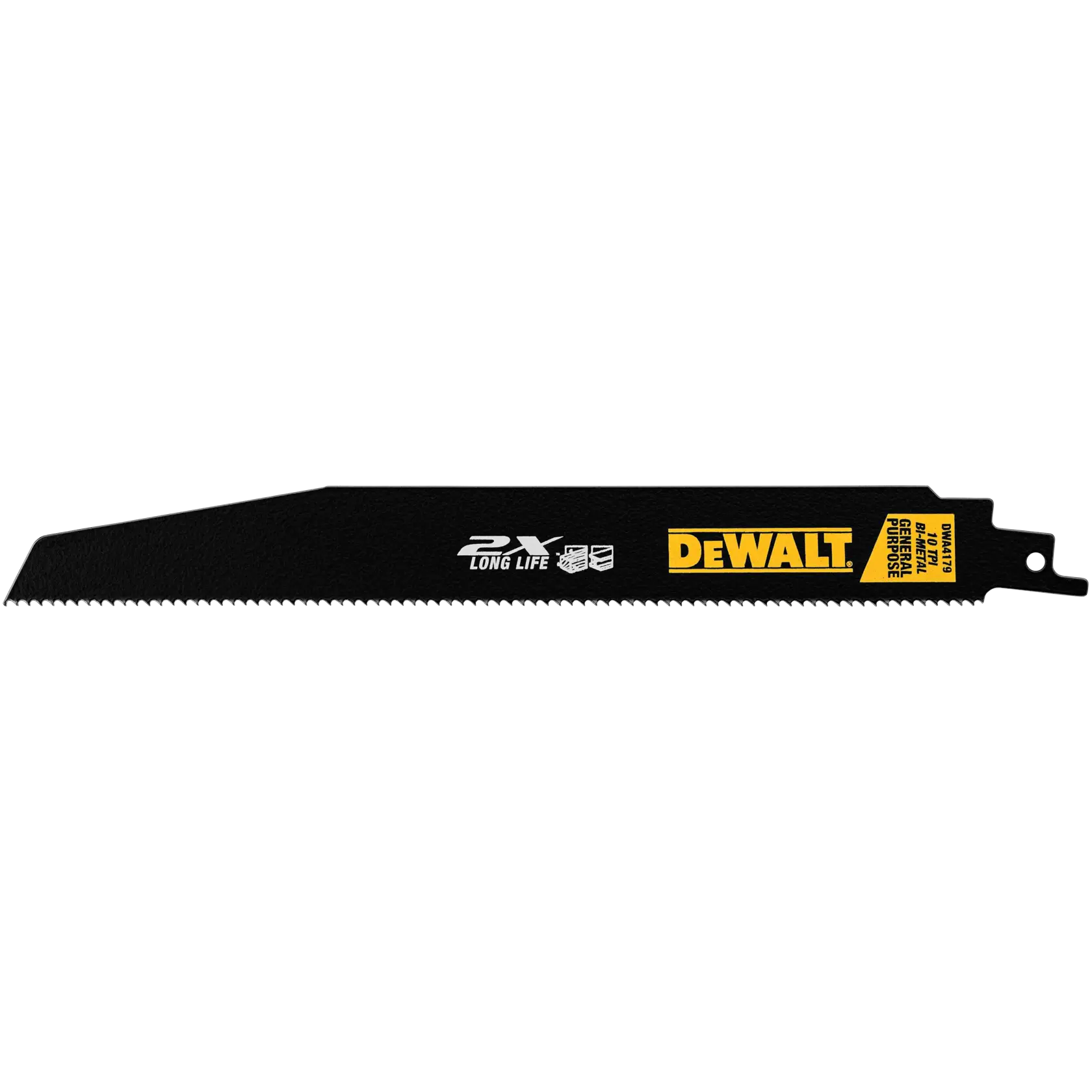 A DEWALT branded black reciprocating saw blade with sharp teeth, model DWA4179N25, designed for general purpose cutting. The blade features '2X Long Life' and product labeling visible on the surface.