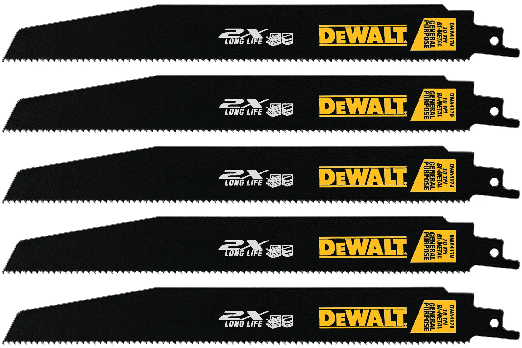 Five DEWALT black reciprocating saw blades with sharp teeth, labeled '2X Long Life' and 'General Purpose', arranged in a parallel stack.