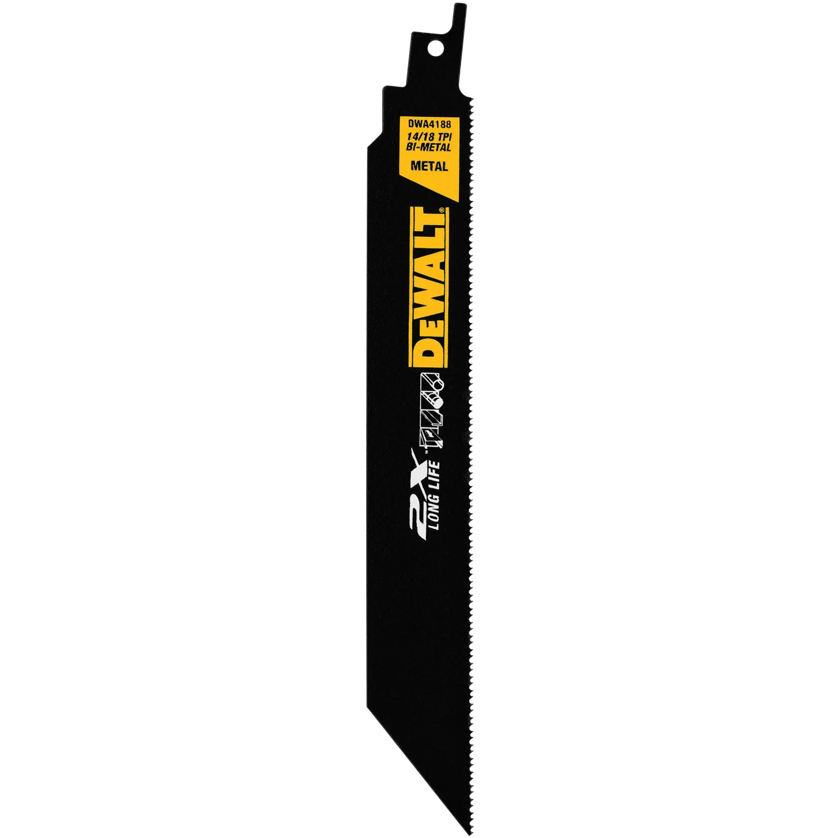 A DEWALT bi-metal reciprocating saw blade, model DWA4188B, designed for cutting metal. The blade is black with yellow and white text and graphics, and features a tooth pattern suitable for metal cutting.