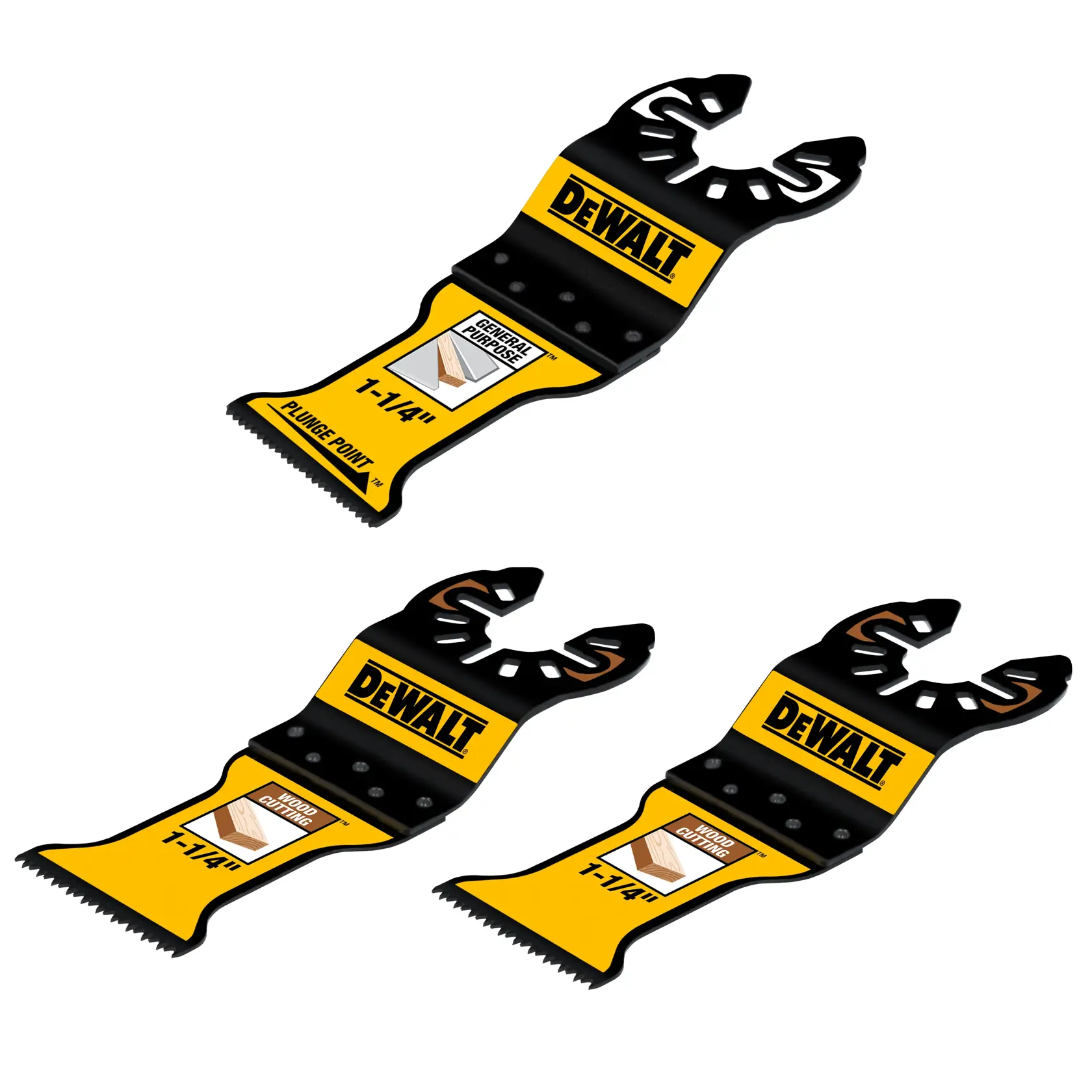 Three DEWALT wood cutting blades for oscillating tools are shown, each with a yellow and black design and the DEWALT logo, labeled for wood/ general purpose cutting. The blades are 1-1/4 inch wide and feature a Plunge Point design.