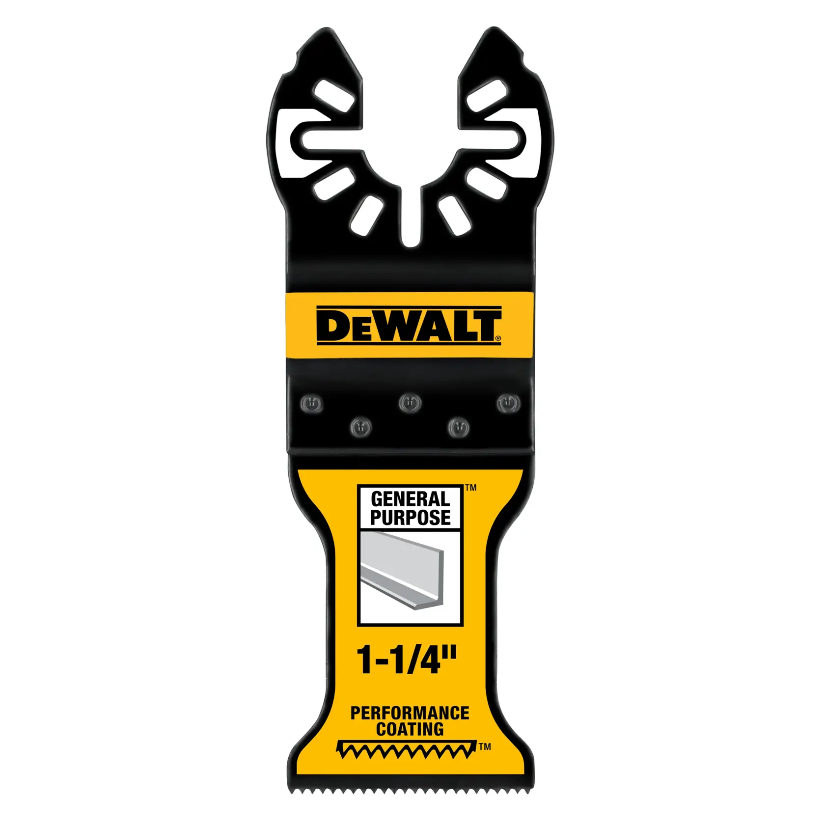 DEWALT general purpose oscillating tool blade with performance coating. The blade is 1-1/4 inch wide and designed for various cutting applications.