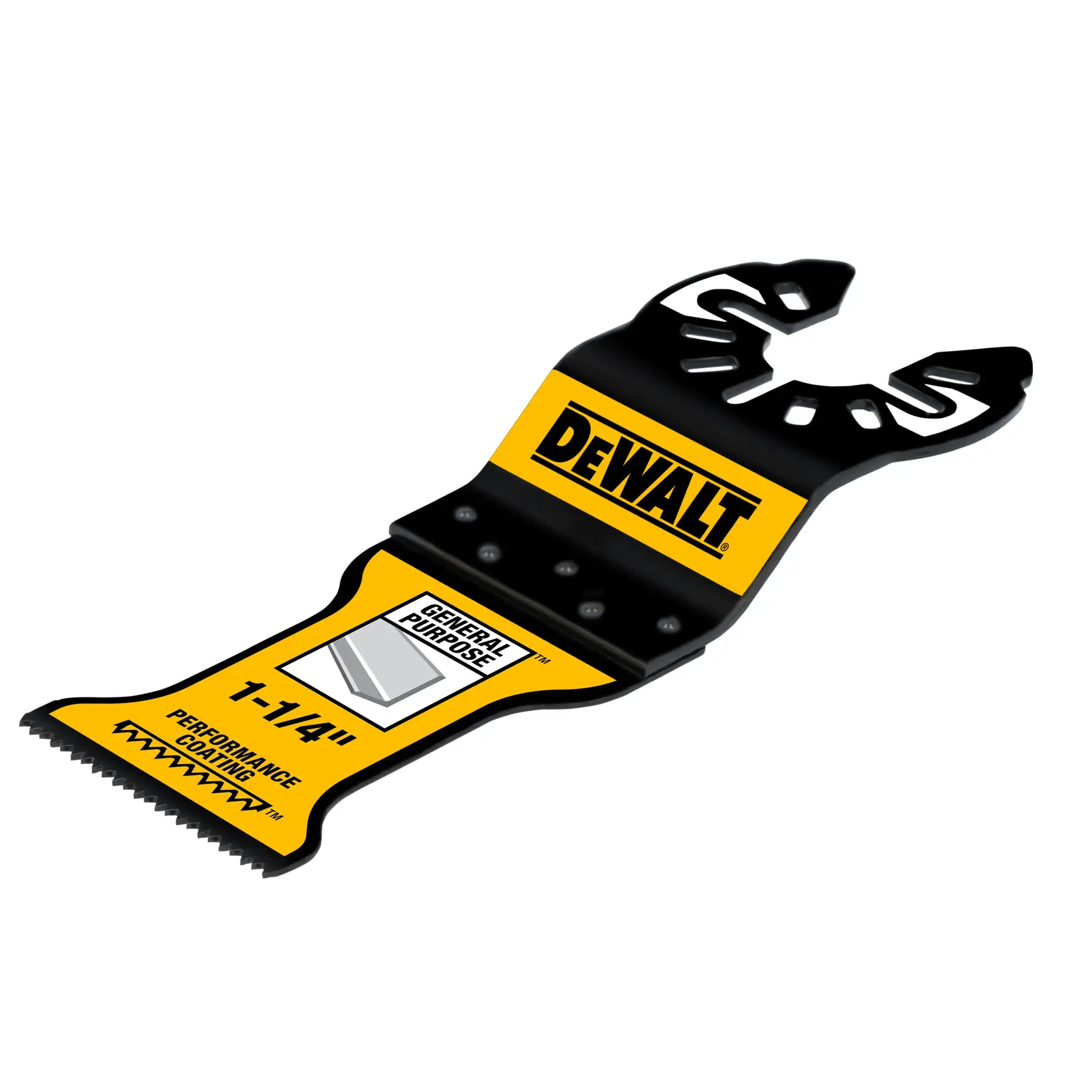 A DEWALT oscillating tool blade with yellow and black color, labeled as 'General Purpose,' measuring 1-1/4 inches, with a performance coating and universal fit design.