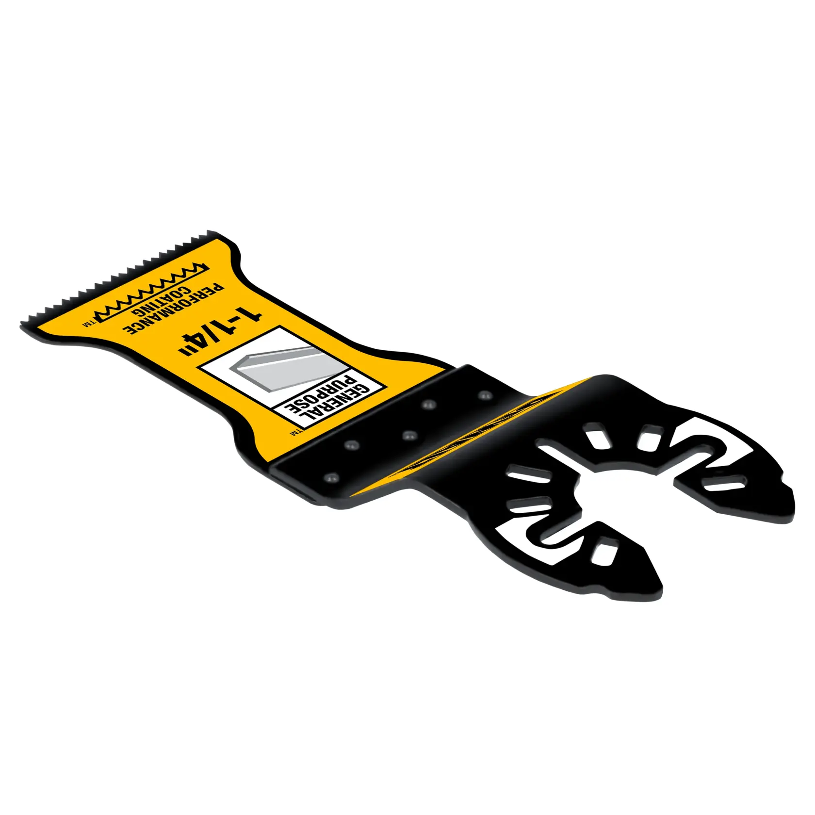 A DEWALT multi-tool blade, model DWA4209-3, featuring a black and yellow design. The blade is marked for general purpose cutting and is 1-1/4 inches wide.
