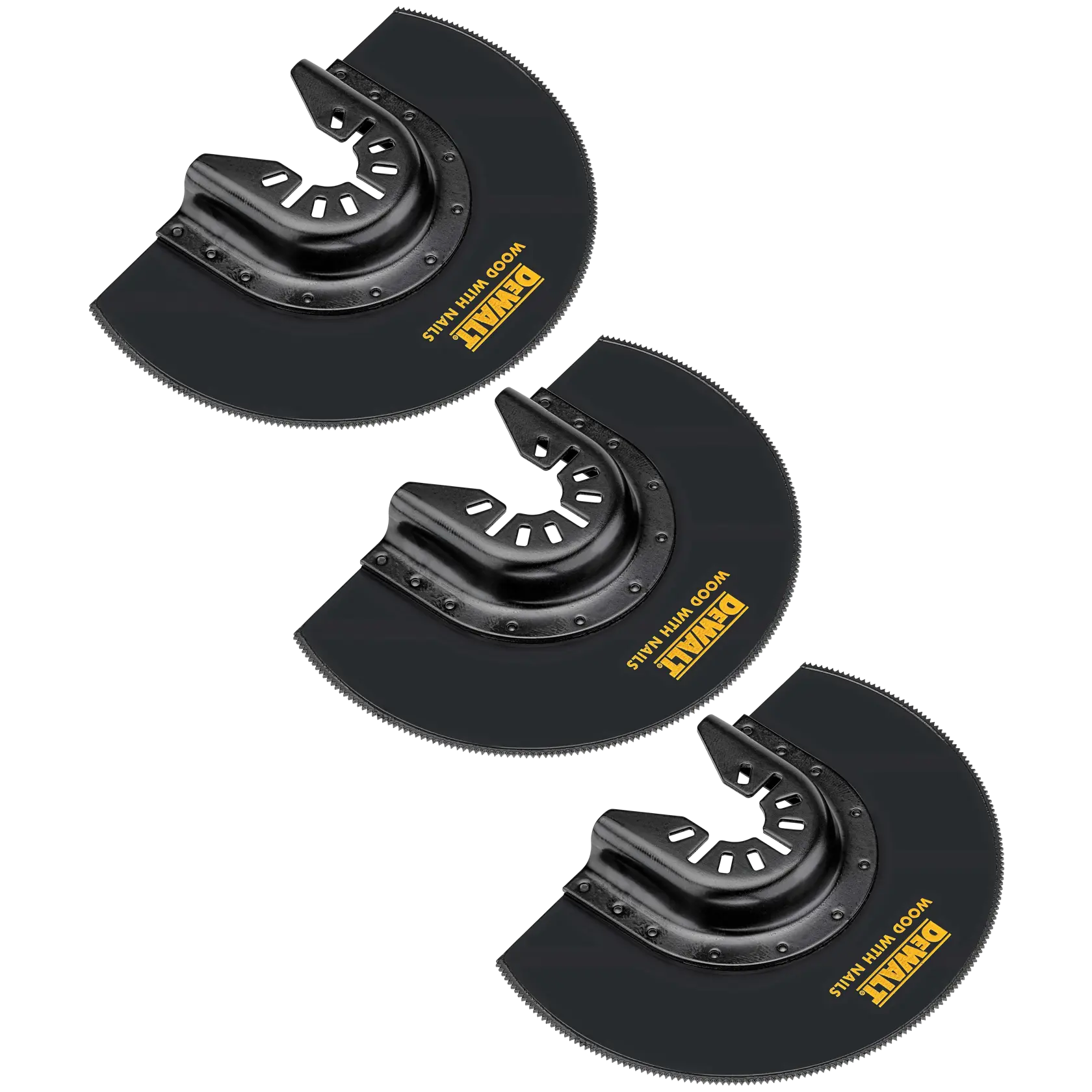 Three DEWALT semicircular oscillating tool blades, black in color, designed for cutting wood with nails. They are displayed on a white background.