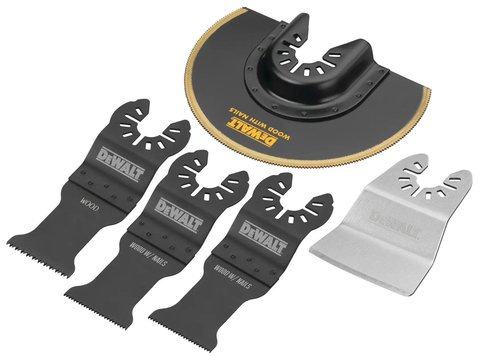 A DEWALT multi-tool accessory set containing five attachments, including three black cutting blades with the DEWALT logo, one half-moon saw blade labeled 'WOOD WITH NAILS', and one silver scraping blade.