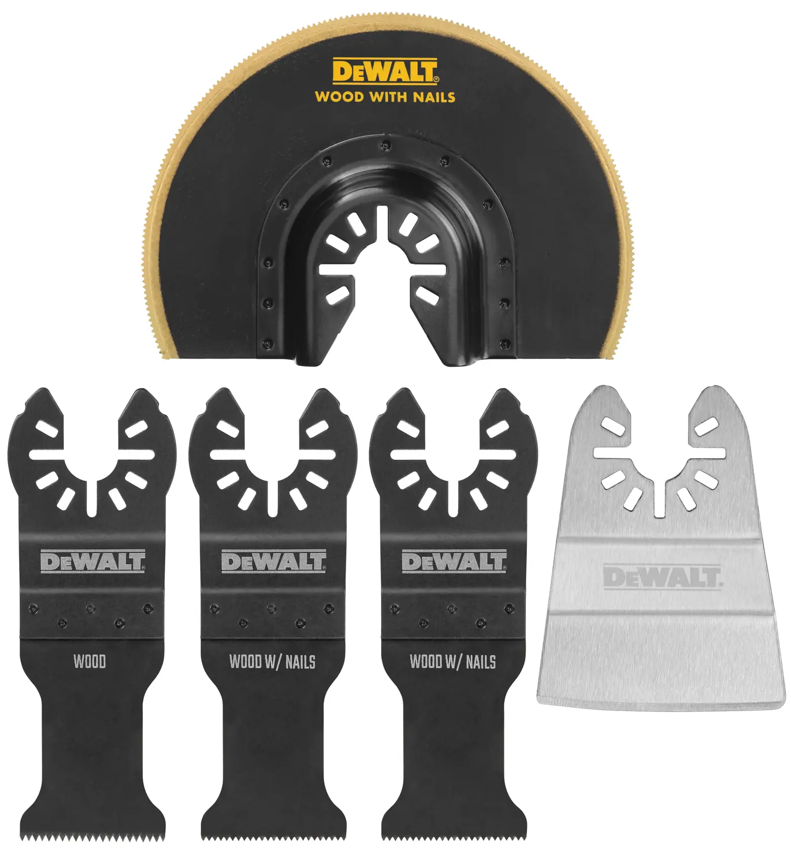 A set of DEWALT oscillating tool blades including one circular blade labeled 'Wood with Nails', three straight blades labeled for wood and wood with nails, and one wide scraper blade, displayed against a white background.