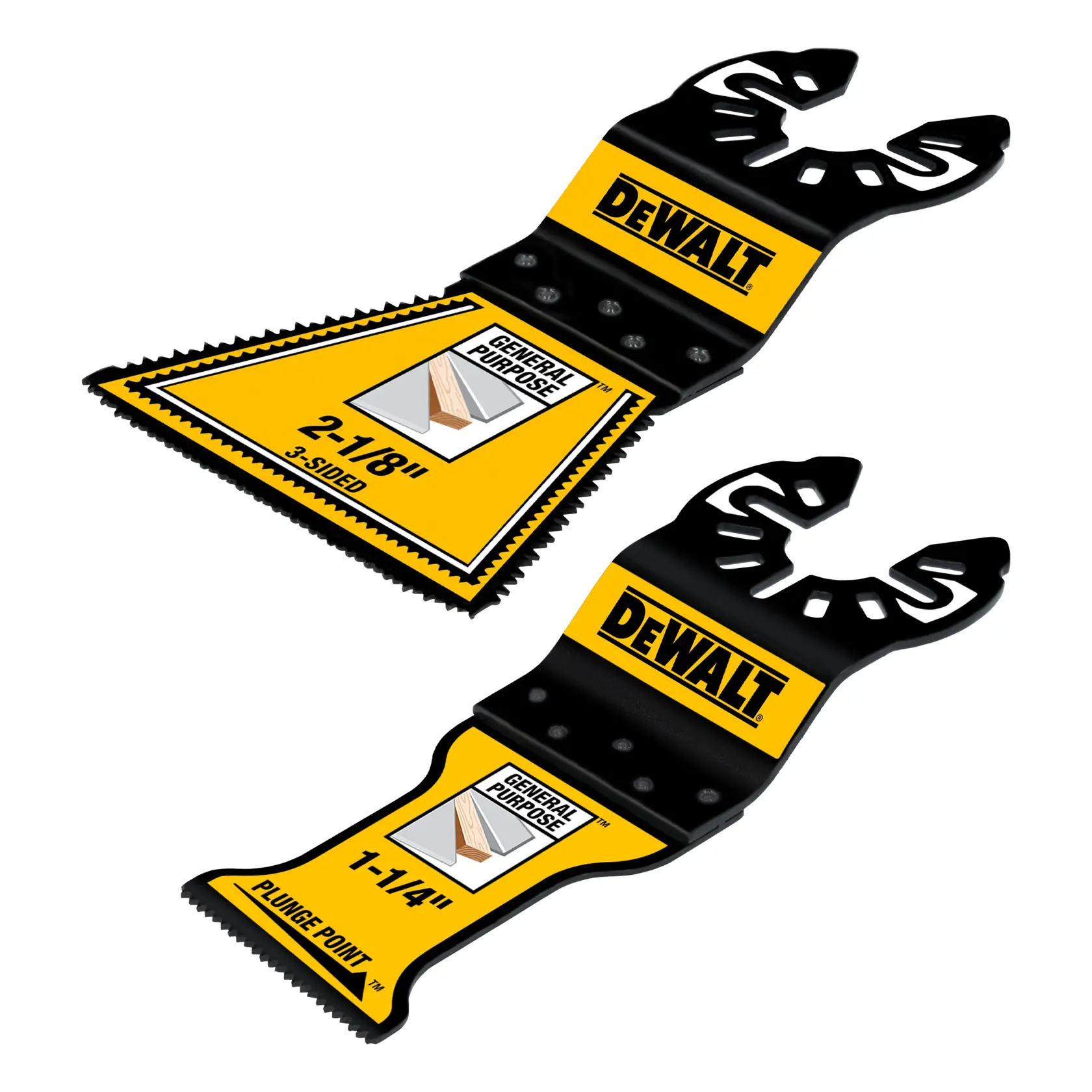 Two DEWALT branded oscillating tool blades are shown. One is a three-sided general purpose blade measuring 2-1/8 inches, and the other is a plunge point general purpose blade measuring 1-1/4 inches. Both blades are black and yellow with cutting teeth and are labeled for general purpose use.