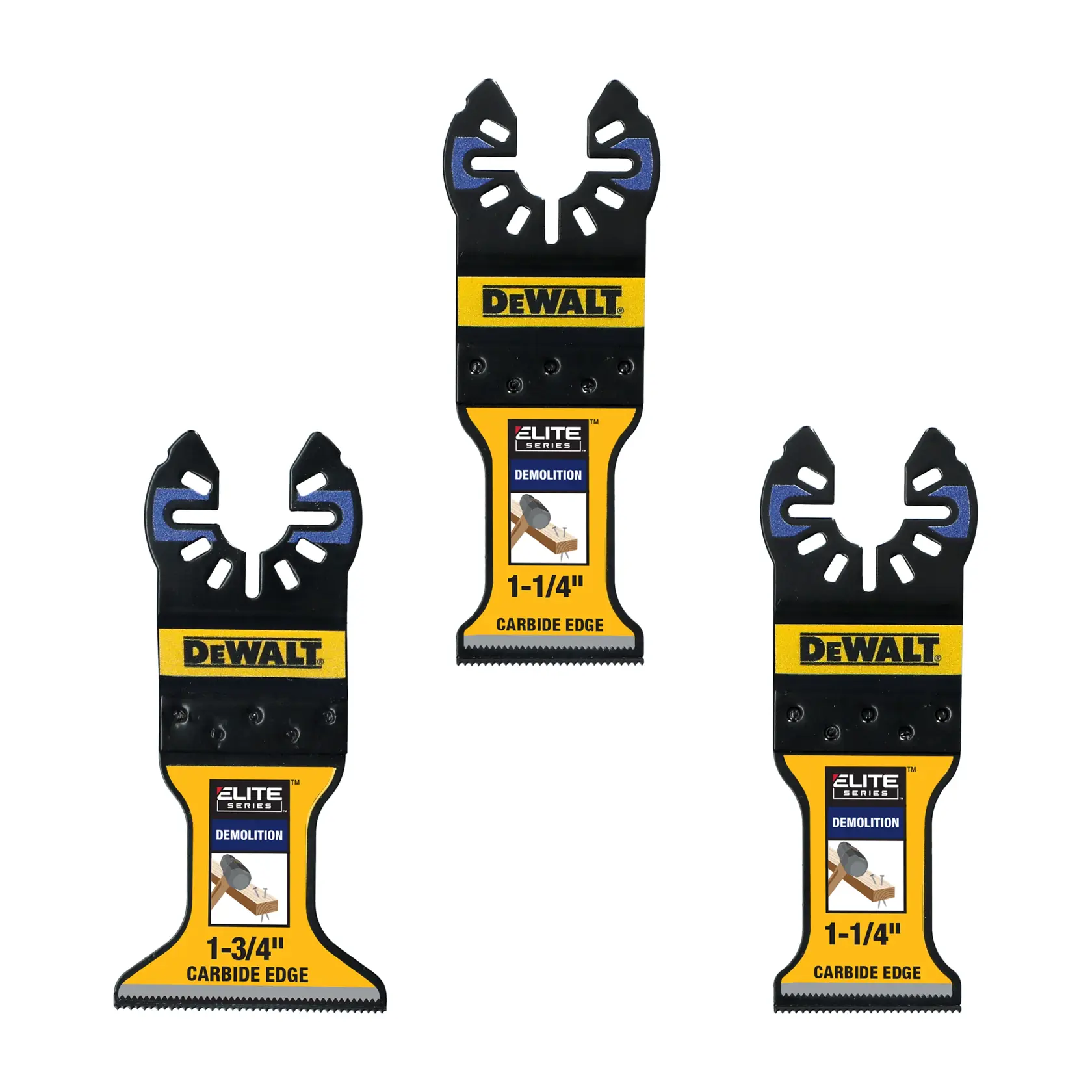 Three DEWALT Elite Series demolition carbide edge oscillating tool blades are shown. Two blades are labeled as 1-1/4 inch, and one blade is labeled as 1-3/4 inch. All blades have the DEWALT logo and a yellow and black design.