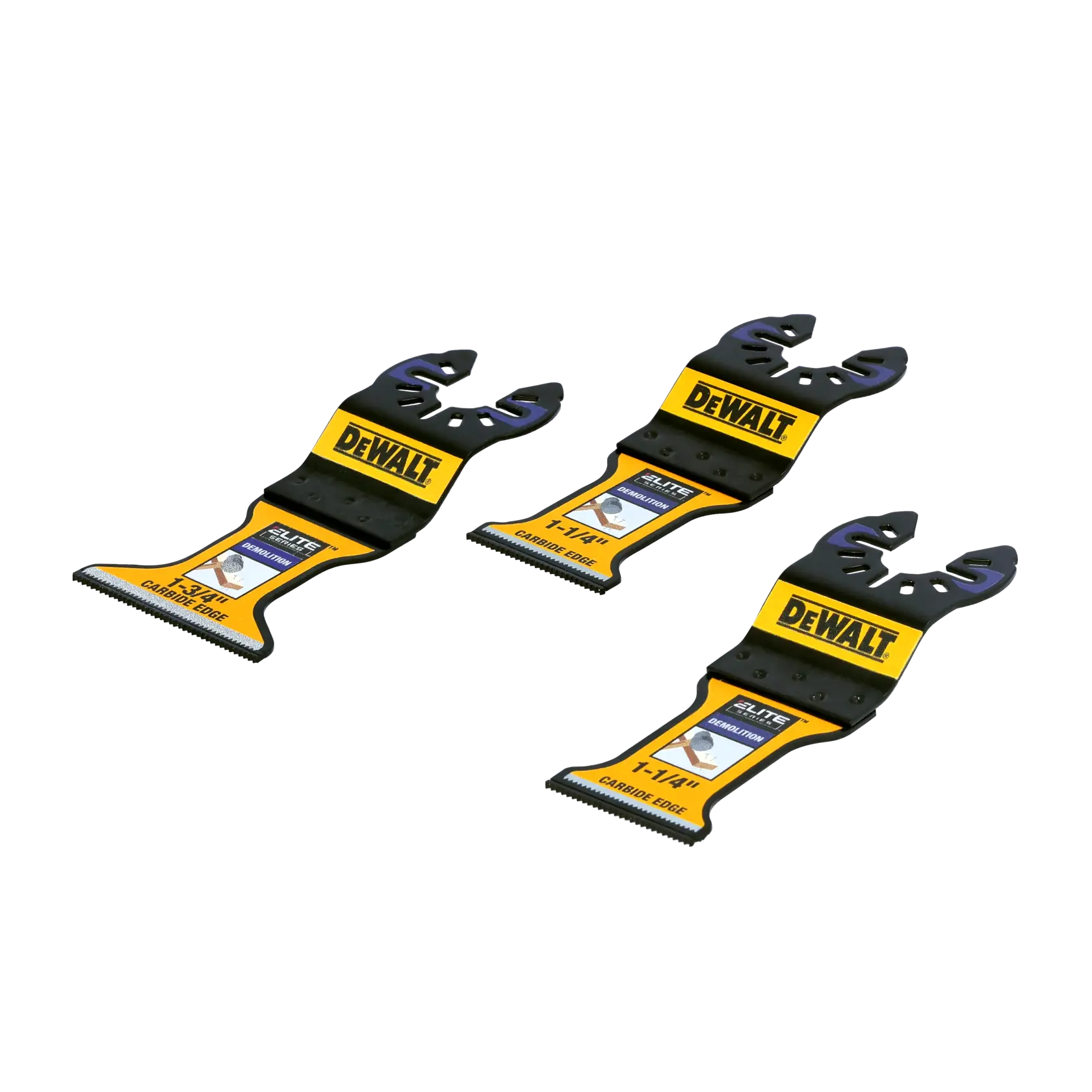 Three DEWALT oscillating multi-tool blades with black and yellow design are shown, each labeled with carbide edge and different sizes, suitable for cutting various materials.