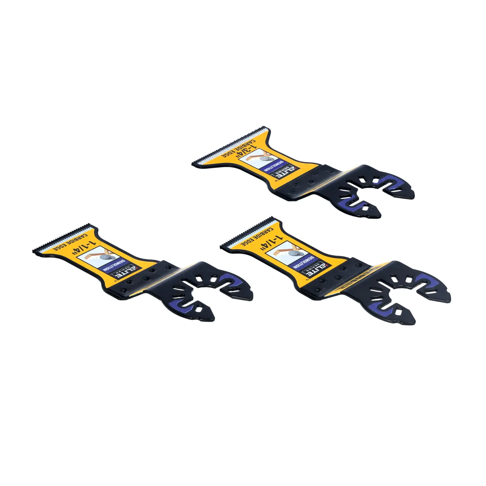 Three DEWALT oscillating multi-tool blades are shown arranged on a white background. Each blade is labeled with '1-1/4 inch' and has a black and yellow design, featuring a quick-fit accessory attachment.
