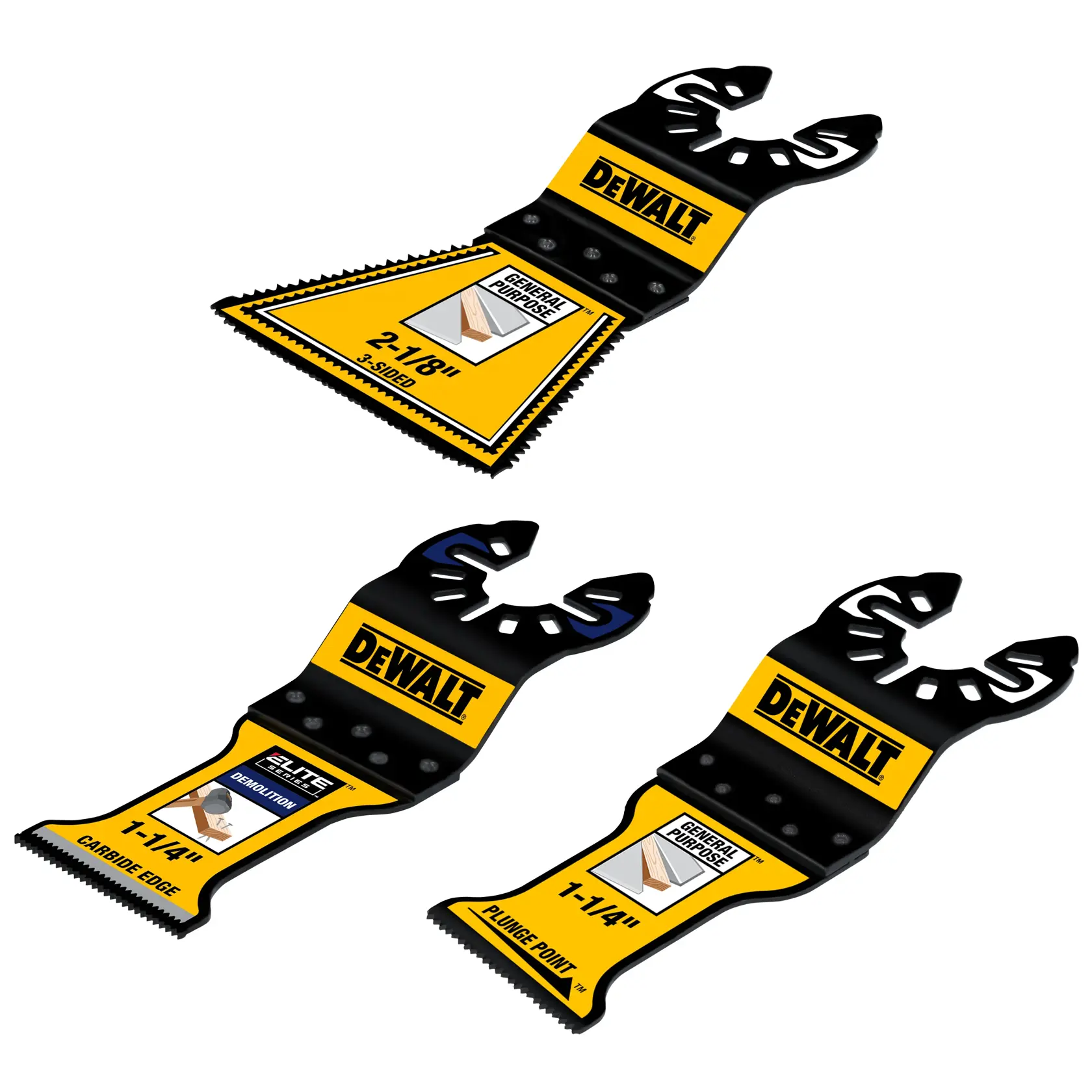 Image showing three DEWALT branded oscillating tool blades. The blades have yellow labels with black text, each indicating the blade type and size. The top blade is labeled 'General Purpose 2-1/8'' 3-Sided.' The bottom left blade is labeled 'Elite Carbide Edge Demolition 1-1/4''.' The bottom right blade is labeled 'General Purpose Plunge Point 1-1/4''.' All blades feature universal mountings for compatibility with various tools.