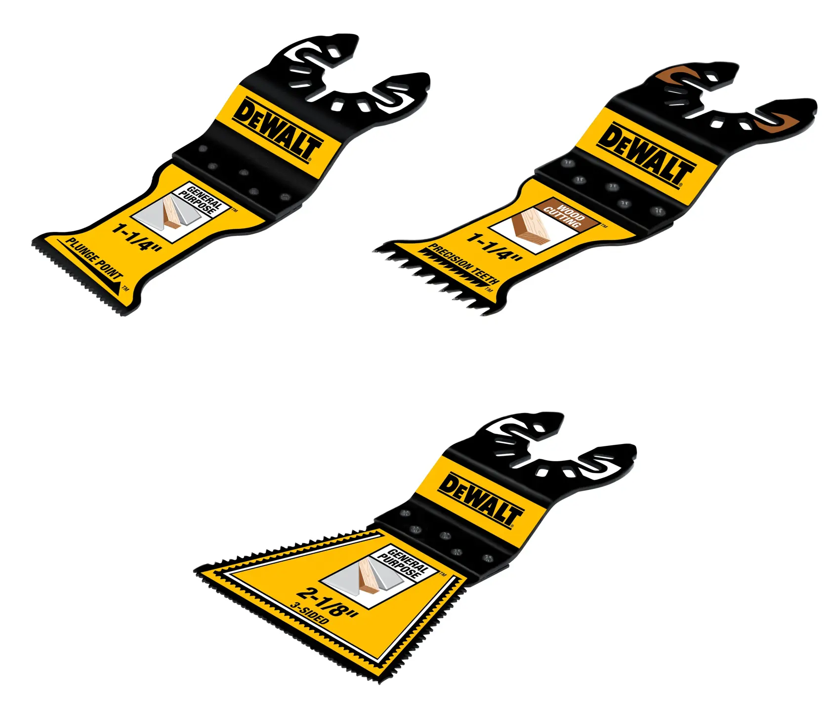 Three DEWALT oscillating tool blades with yellow and black labels, designed for wood cutting. The set includes a plunge point blade, a precision teeth blade, and a large curved edge blade.
