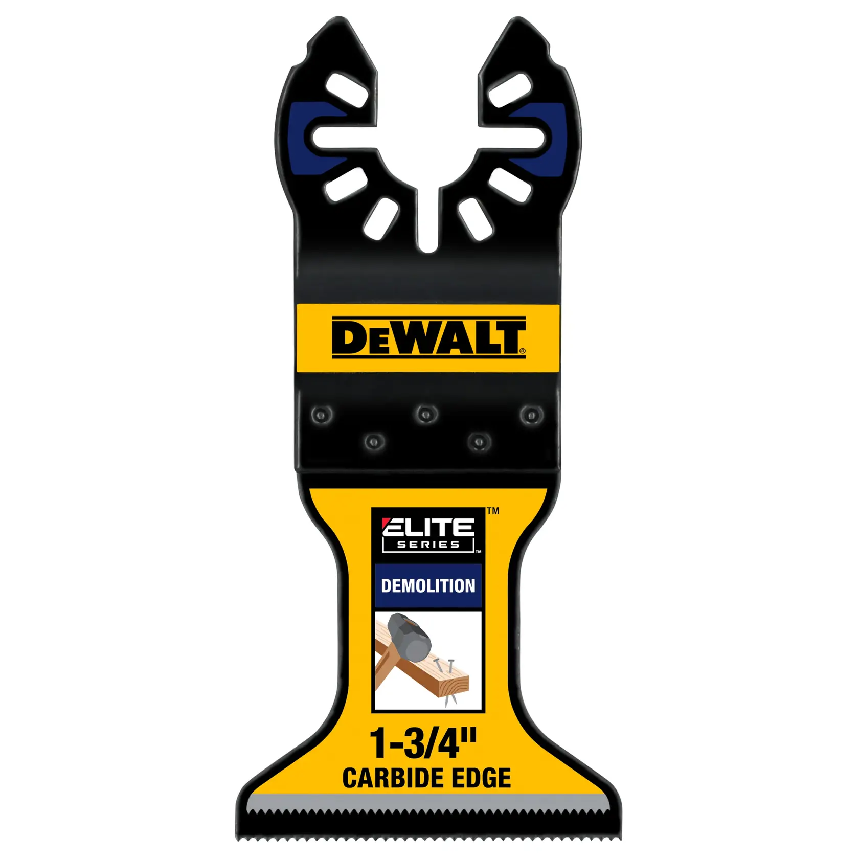 DEWALT Elite Series demolition blade with carbide edge, 1-3/4 inch, featuring a yellow and black design.