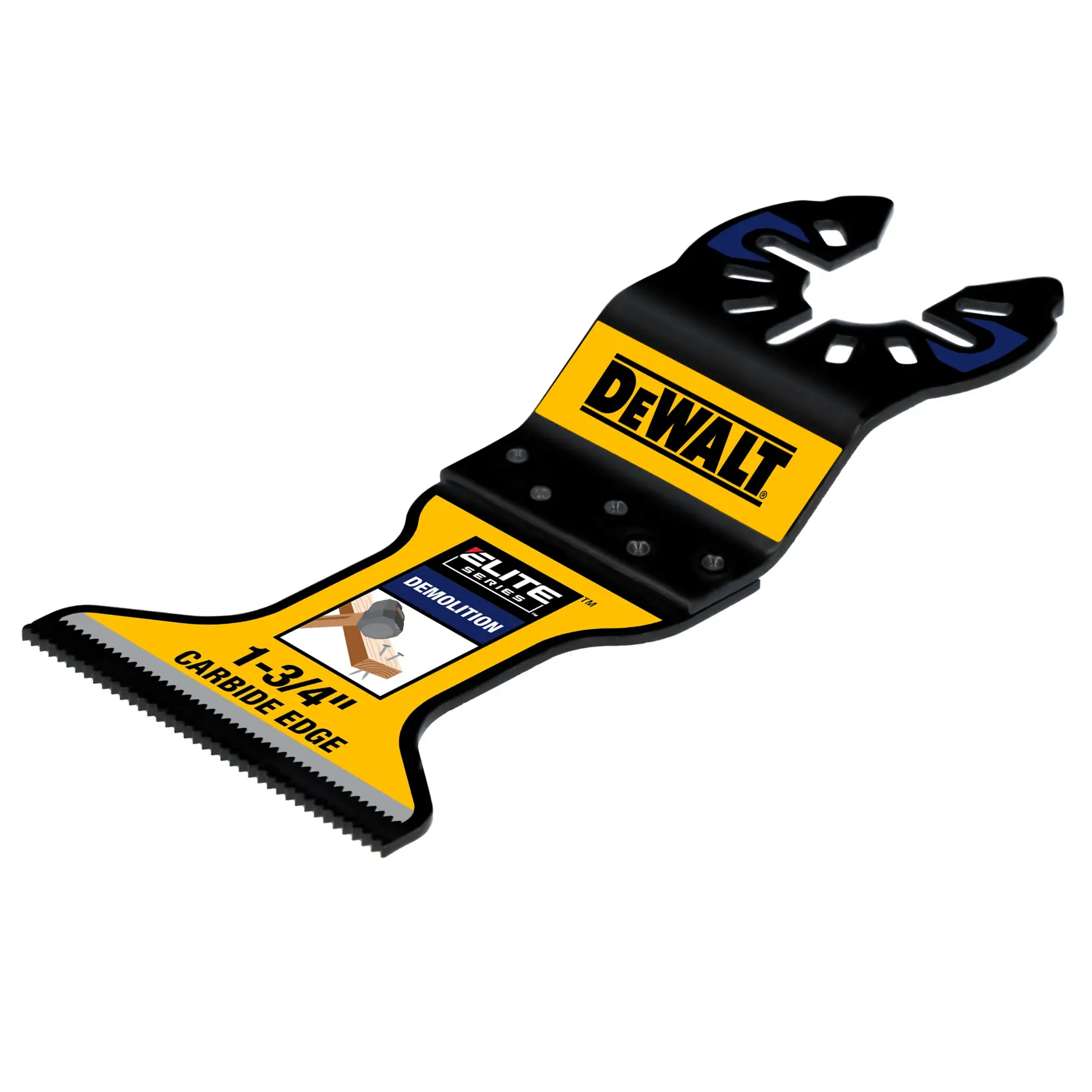 A DEWALT branded oscillating tool blade, specifically the Elite Series demolition blade with a carbide edge, measuring 1-3/4 inches in width. The blade features yellow and black colors and product information printed on the surface.