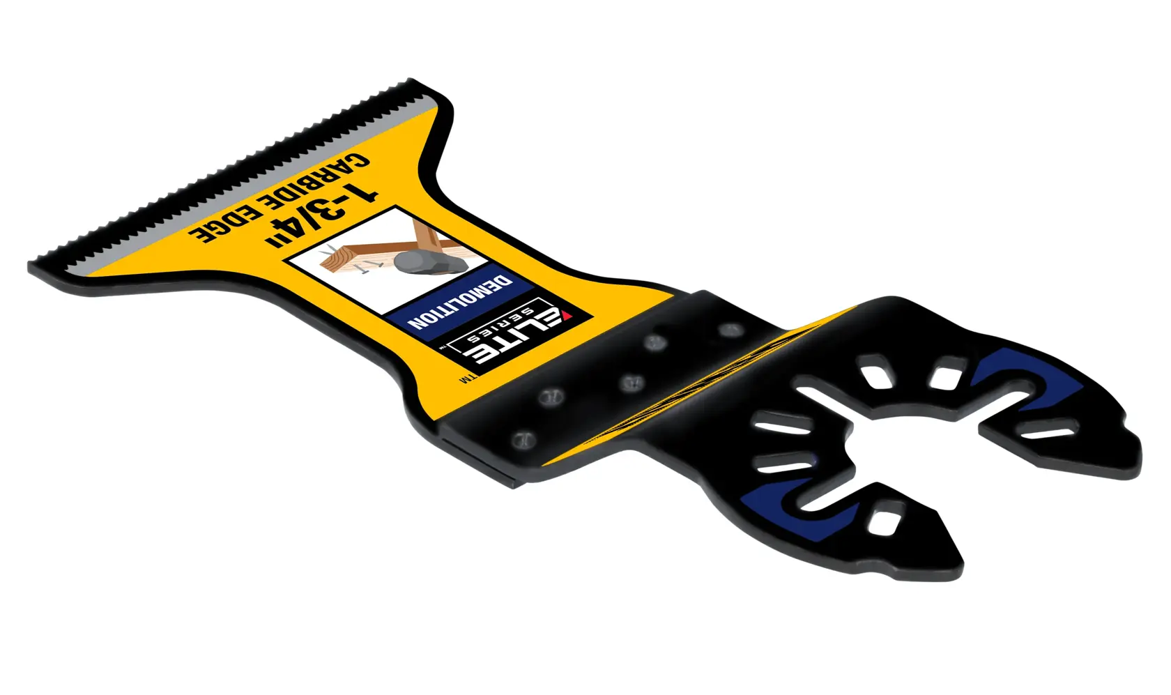 A DEWALT DWA4253 carbide edge demolition blade attachment with a 1-3/4 inch width, designed for oscillating multi-tools. The blade features a yellow and black color scheme and a universal fitting end.