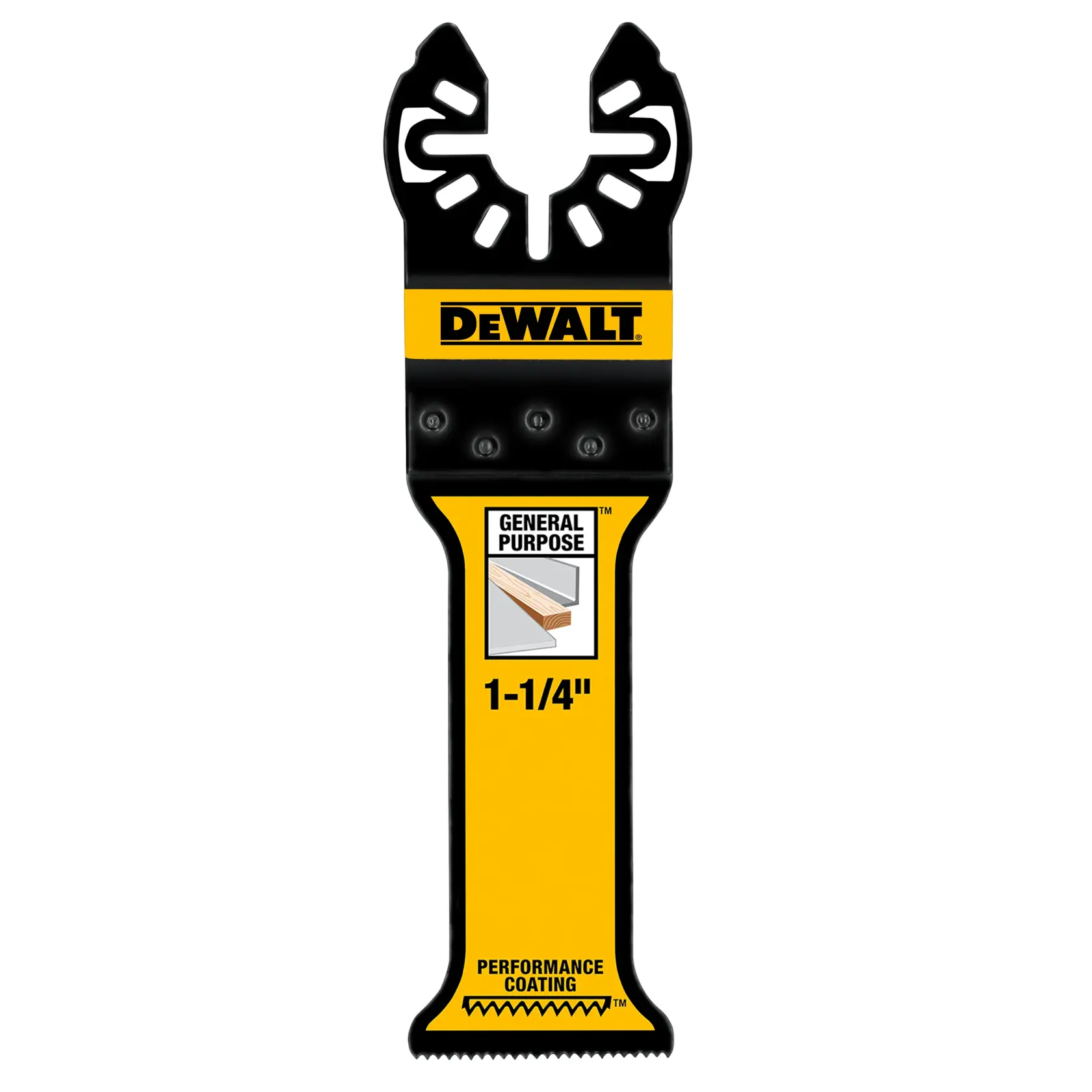 DEWALT general purpose oscillating multi-tool blade with performance coating, 1-1/4 inch size, designed for cutting wood and other materials.