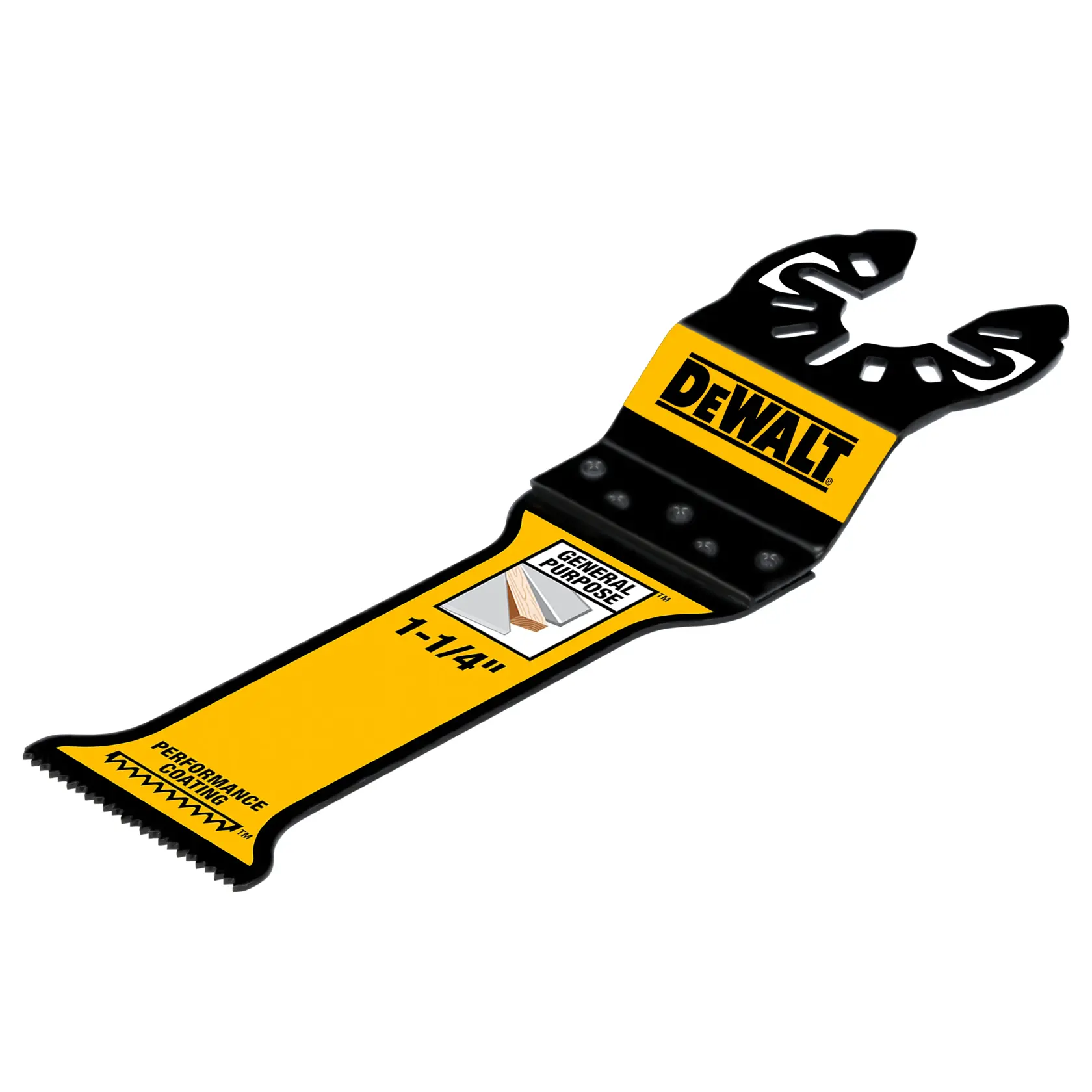A DEWALT branded oscillating tool blade with yellow and black color scheme. The blade is labeled as general purpose with a width of 1-1/4 inches and features a performance coating.