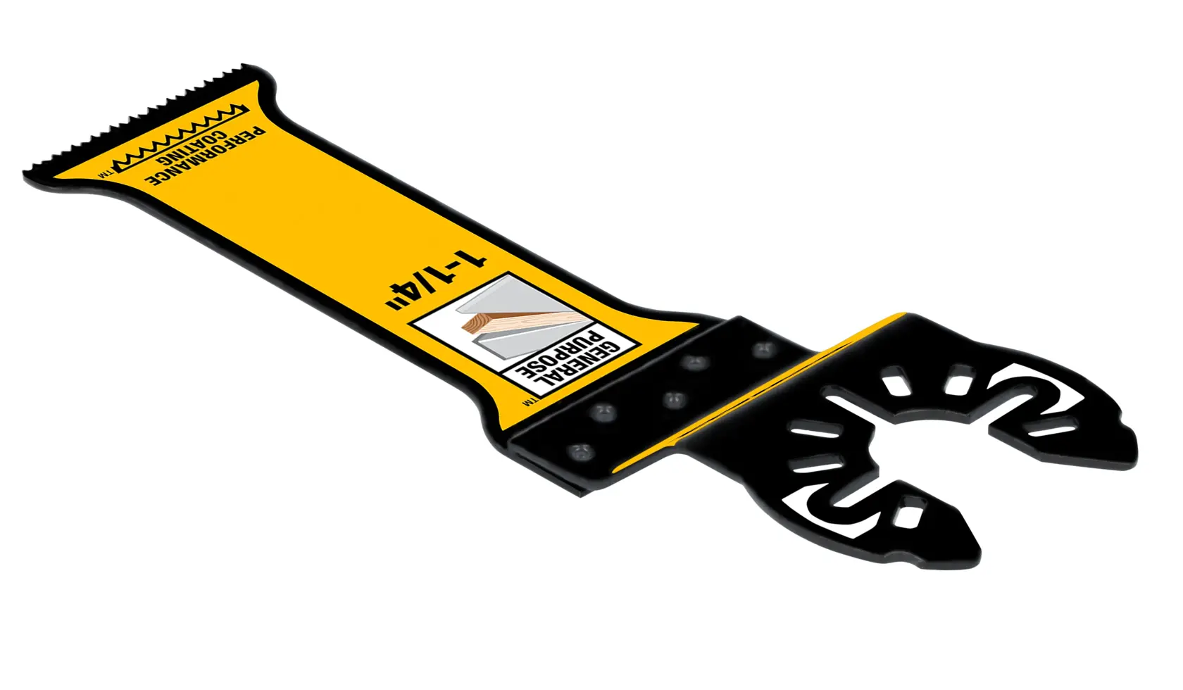 A DEWALT branded oscillating tool blade, model DWA4255, designed for general purpose cutting. The blade is yellow and black, featuring a precision cutting edge and a universal connection for compatibility with multitools.