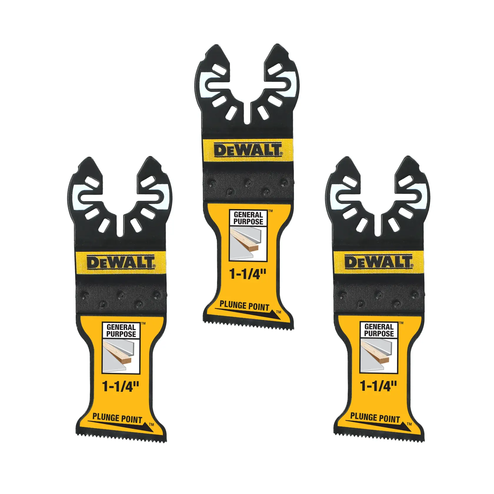 Three DEWALT general purpose plunge point blades, each labeled 1-1/4 inch, designed for use with oscillating tools. The blades have a black and yellow design with DEWALT branding and are suitable for cutting various materials.