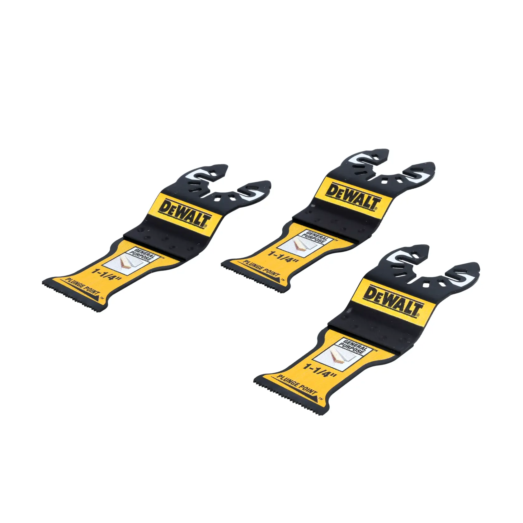 Three DEWALT branded plunge point oscillating tool blades, each labeled 1-1/4 inch, designed for cutting and woodworking tasks.