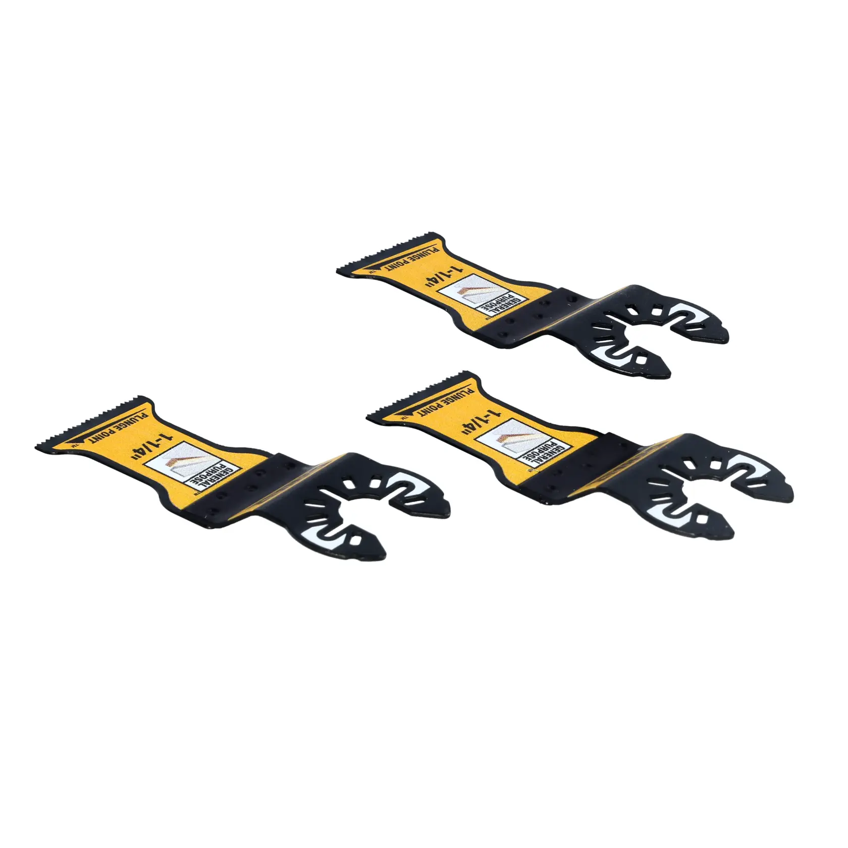 Three DEWALT oscillating tool blades with yellow and black color, model DWA4258-3, arranged on a white background.