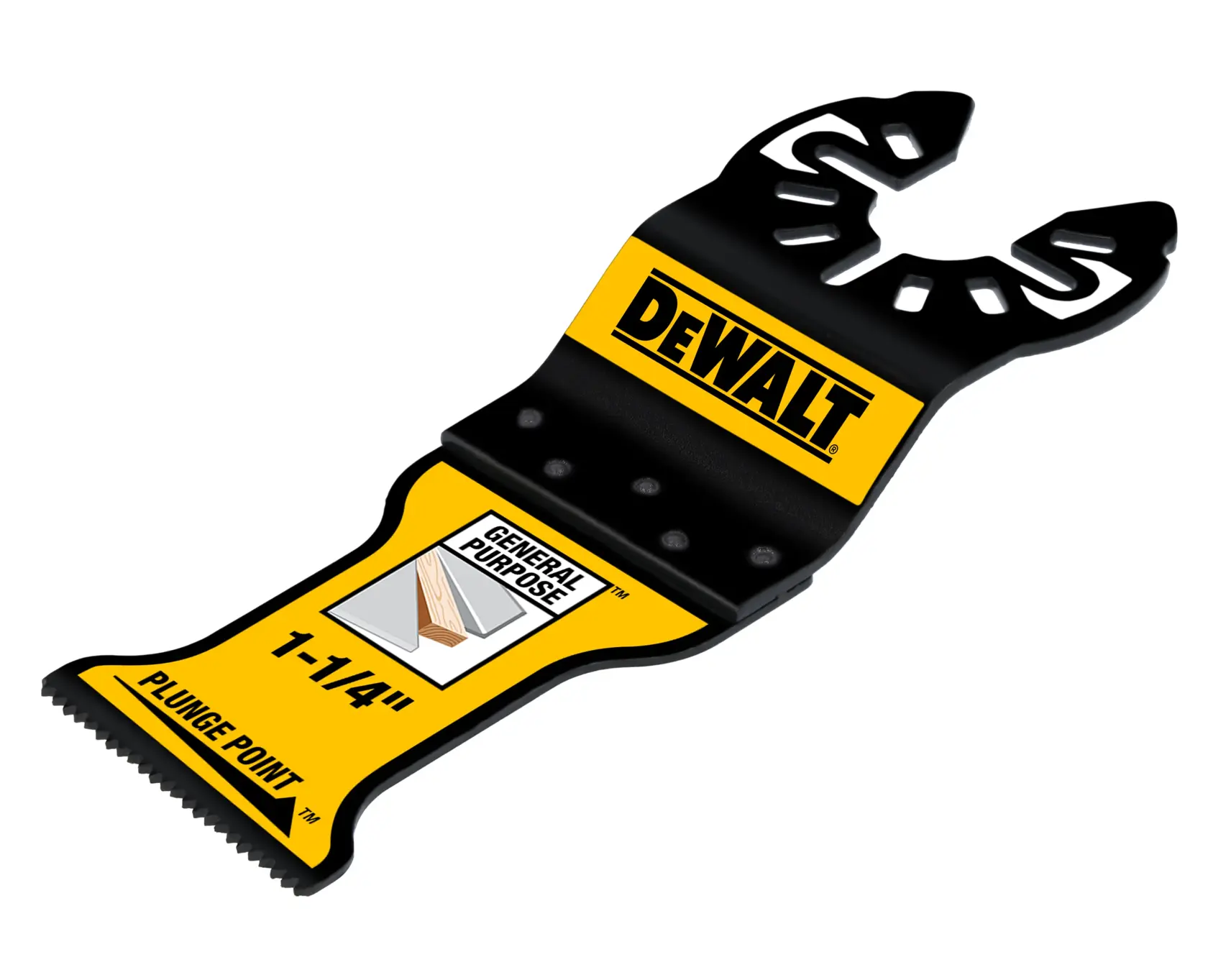 A DEWALT 1-1/4 inch plunge point oscillating tool blade designed for general purpose cutting, primarily used for wood and other materials. The blade is black and yellow with the DEWALT logo and labeled for general purpose use.