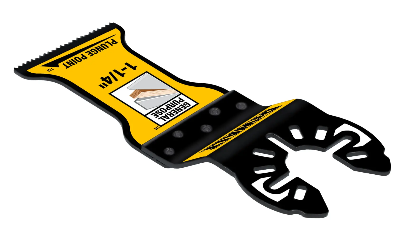 DEWALT oscillating multi-tool blade, 1-1/4 inch plunge point, with yellow and black design. Marked as general purpose, suitable for woodcutting.