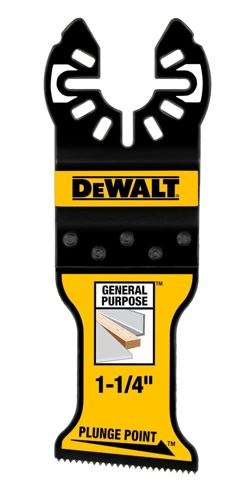 A DEWALT branded oscillating tool blade for general purpose cutting, featuring a 1-1/4 inch plunge point. The blade is black and yellow, with product information printed on its face.