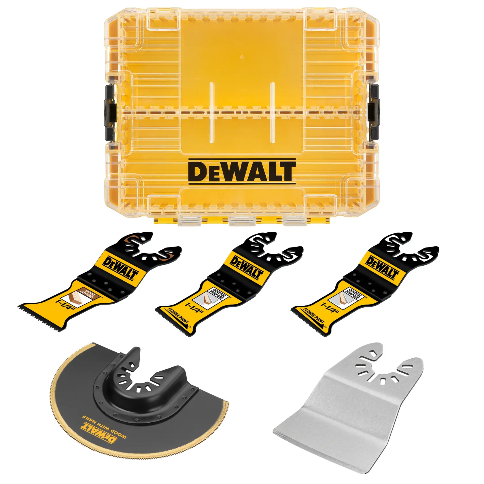 A DEWALT branded yellow and clear plastic case with six black and yellow oscillating multi-tool blades arranged in front of it. The blades include different shapes and sizes for various cutting and scraping applications.