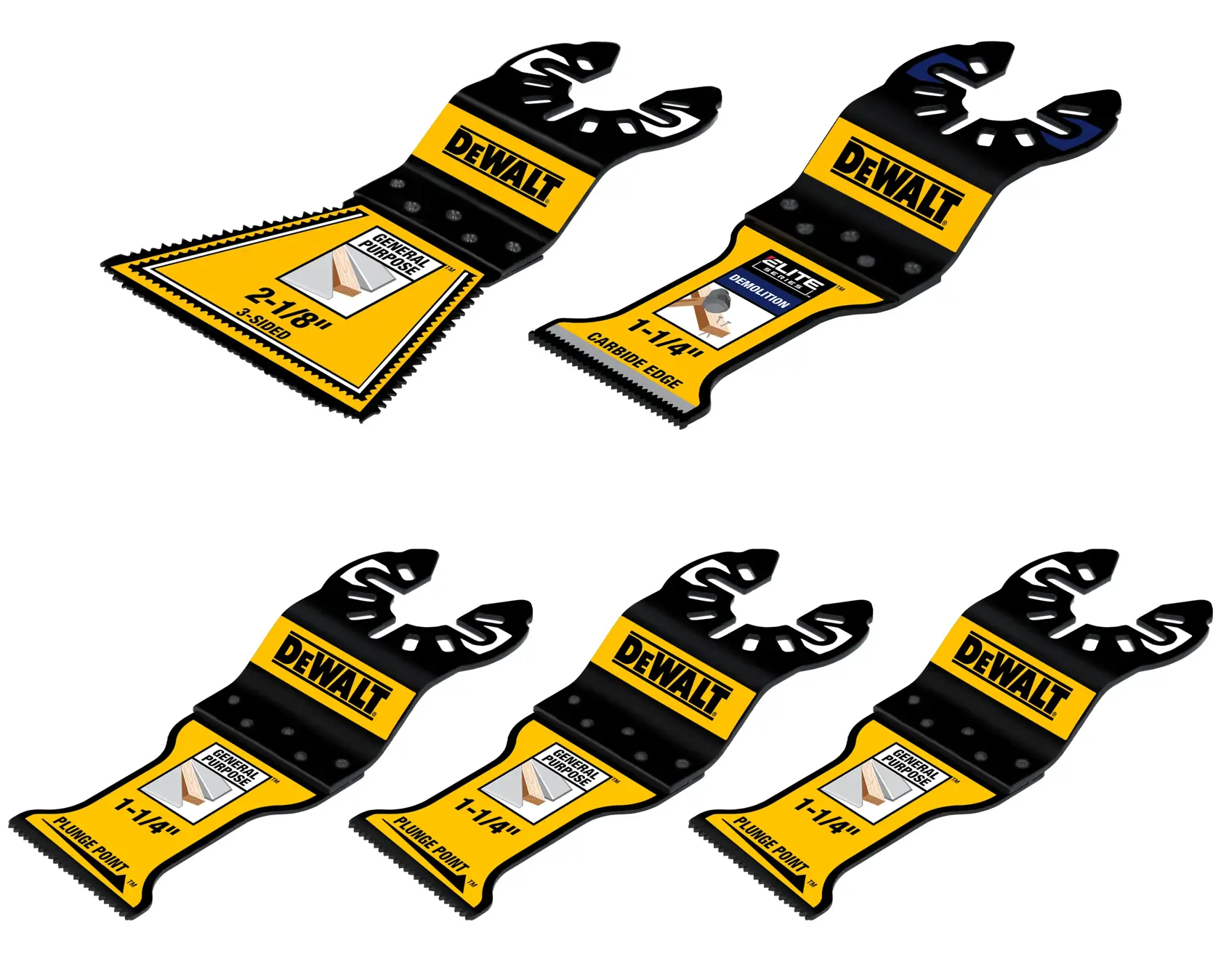 Five DEWALT oscillating tool blades are arranged in a group. They feature black and yellow designs with different shapes and sizes, including a triangular blade and several rectangular blades, each labeled for specific cutting purposes.