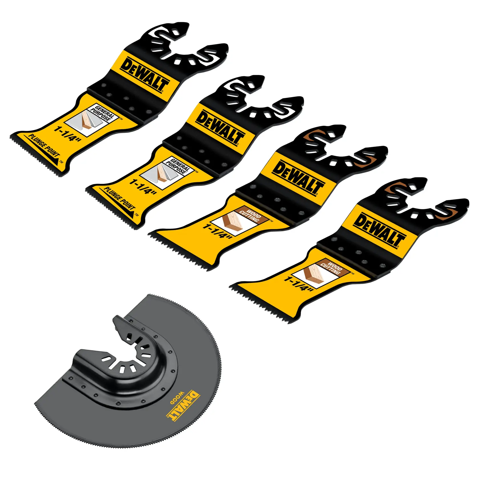 Set of five DEWALT oscillating tool blades, including four straight blades labeled as 1-1/4 inch plunge and one semi-circular blade, all designed for wood cutting.