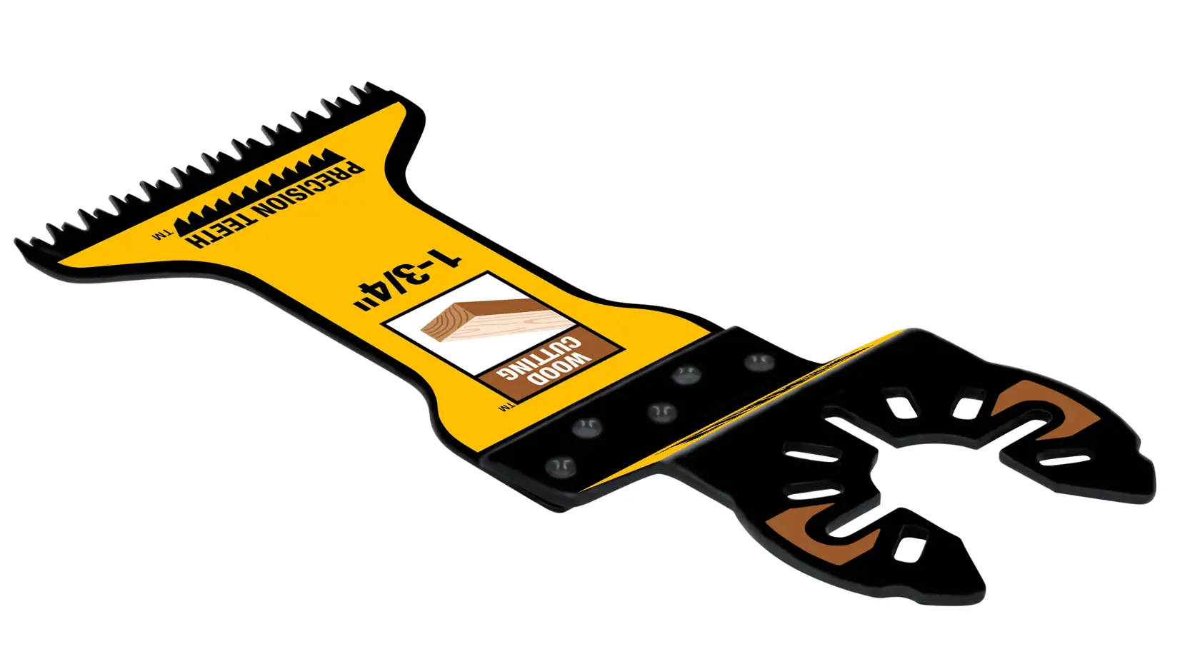 A DEWALT 1-3/4 inch wood cutting precision oscillating tool blade with a yellow and black design.