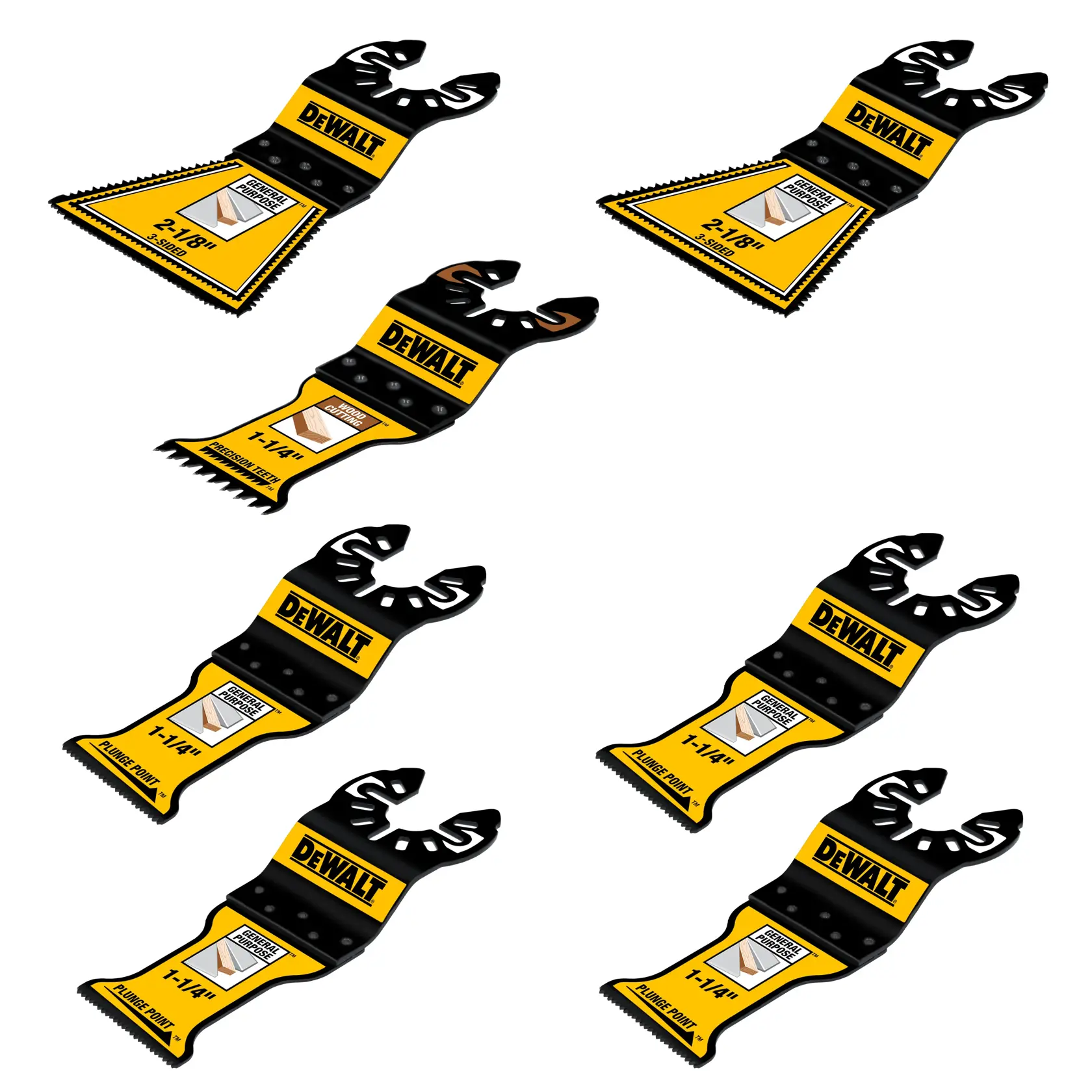 Set of seven DEWALT yellow and black multi-tool blades with different shapes and sizes, designed for cutting tasks. Each blade is labeled with its size and intended use.