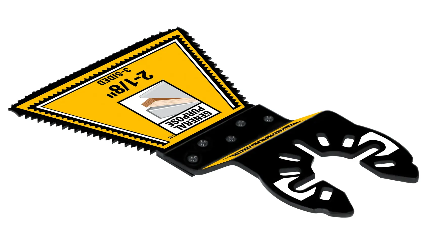 A DEWALT DWA4283-3 multi-tool oscillating saw blade with a triangular, 3-sided design and a yellow label indicating it's for general purpose use. The blade measures 2-1/8 inch and features a black attachment base designed for compatibility with oscillating tools.