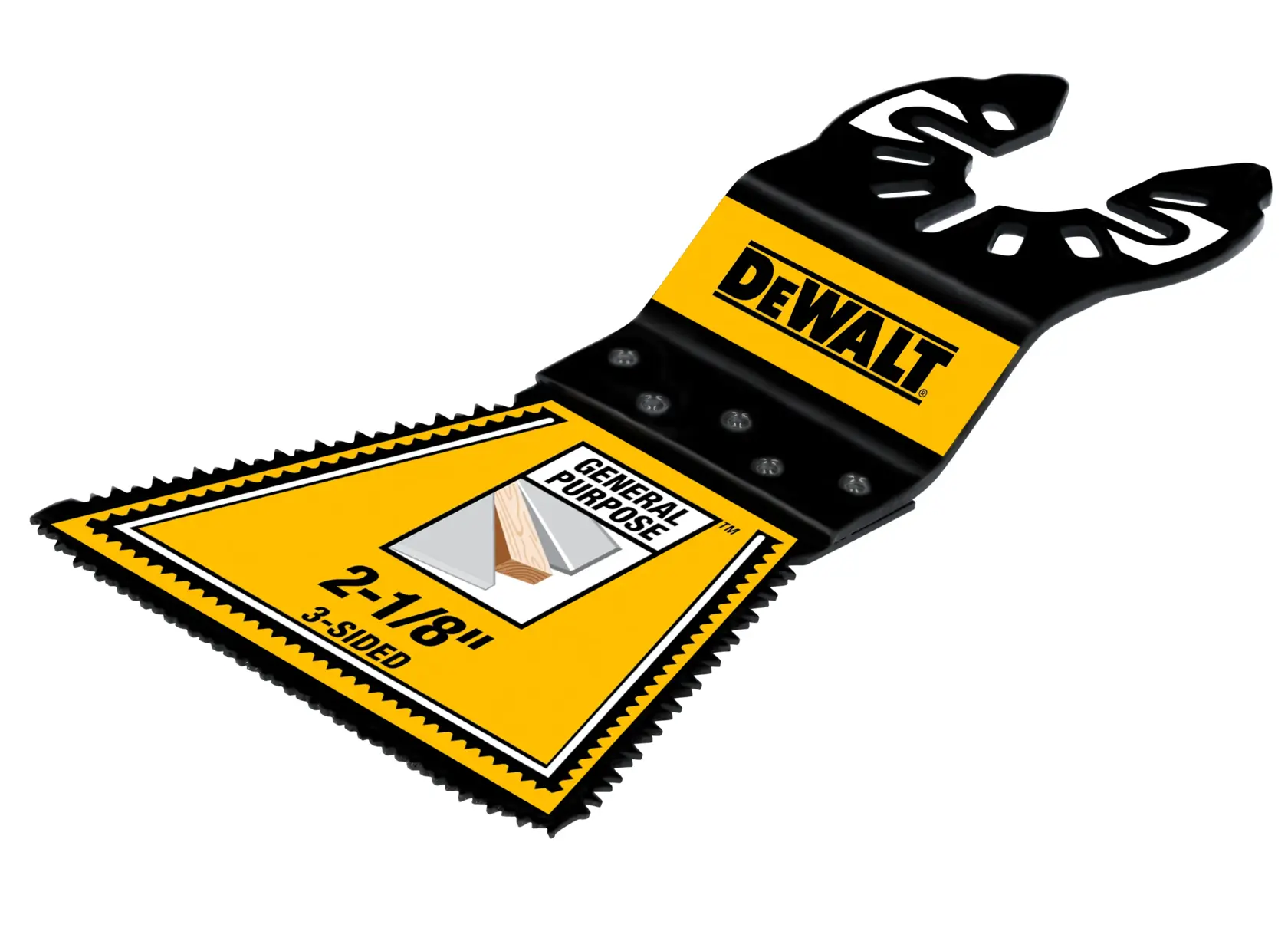 A DEWALT branded oscillating tool blade with a triangular shape and yellow labeling. The blade is labeled as 'General Purpose' with '2-1/8" 3-sided' description for multi-purpose cutting.