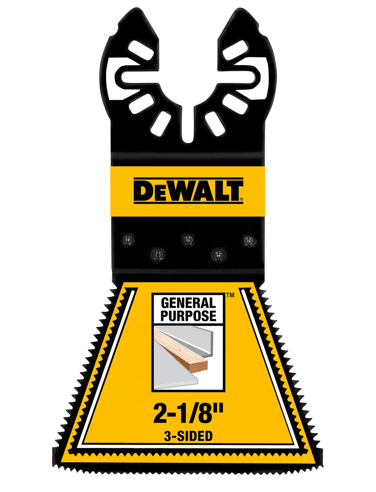 DEWALT 2-1/8 inch 3-sided general purpose saw blade attachment for oscillating tools, featuring a yellow and black color scheme with product labeling.