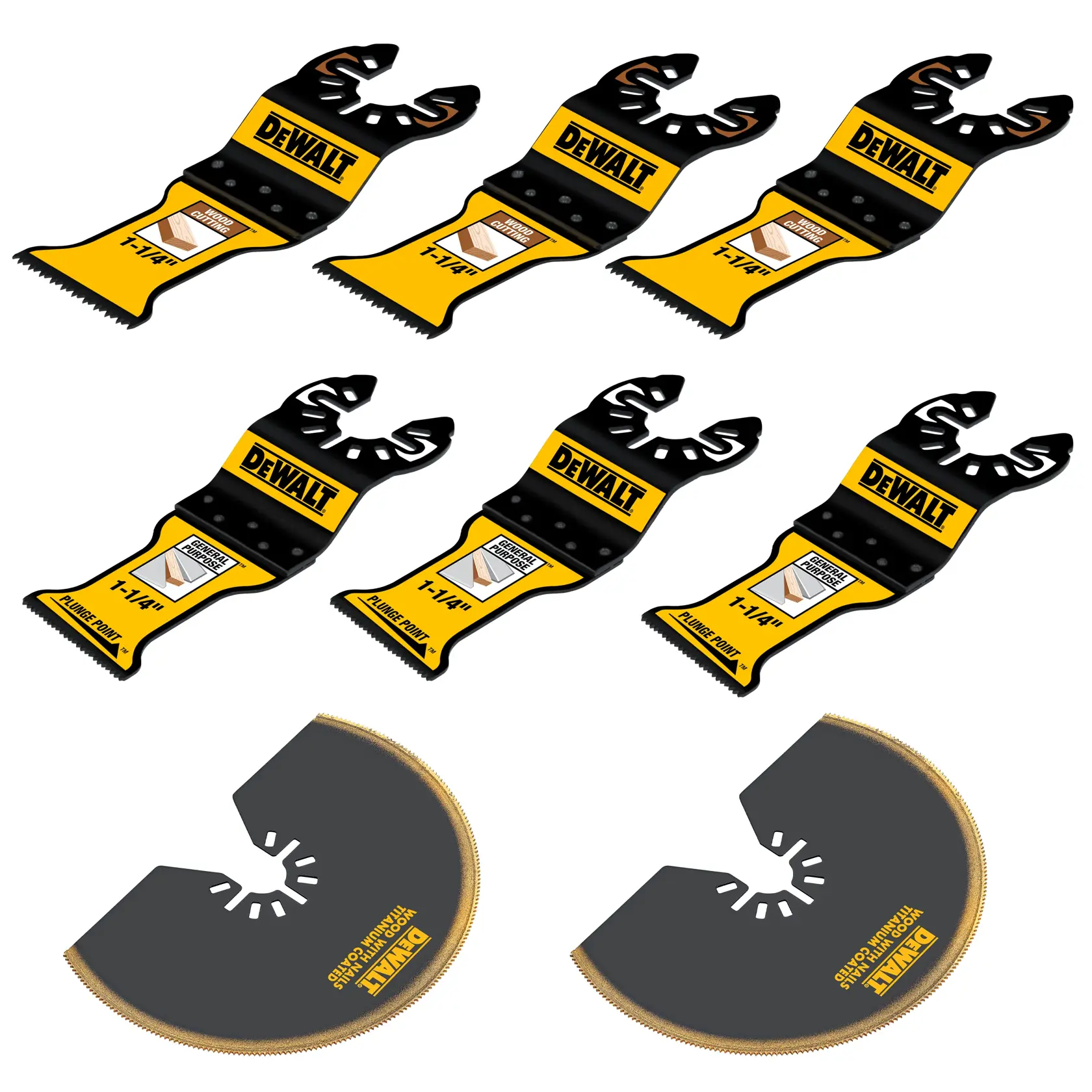 A DEWALT oscillating tool accessory set featuring six straight cutting blades and two semicircular blades. The blades have black and yellow colors with DEWALT branding, suitable for woodworking and other applications.