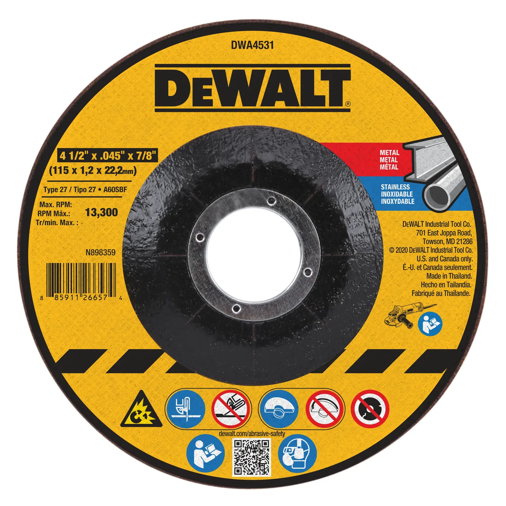 A DEWALT branded abrasive cutting disc for metal and stainless steel, model DWA4531. The disc is black with a yellow label, lists dimensions (4 1/2" x .045" x 7/8"), maximum RPM of 13,300, and includes safety pictograms and usage instructions in multiple languages.