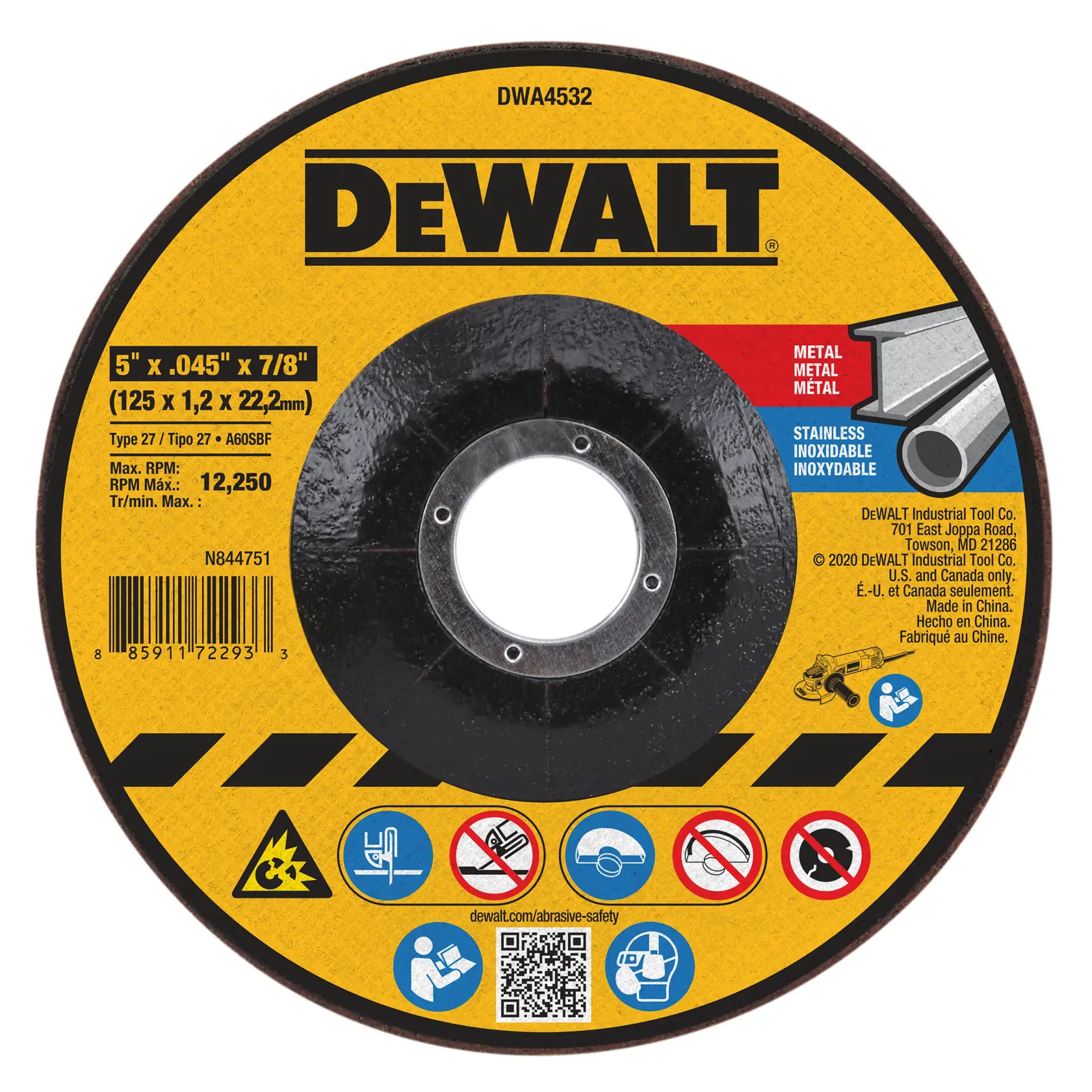 DEWALT DWA4532 abrasive cutting disc for metal and stainless steel, 5 inch diameter x 0.045 inch thickness x 7/8 inch arbor, with yellow and black packaging label showing specifications, safety icons, and barcode.