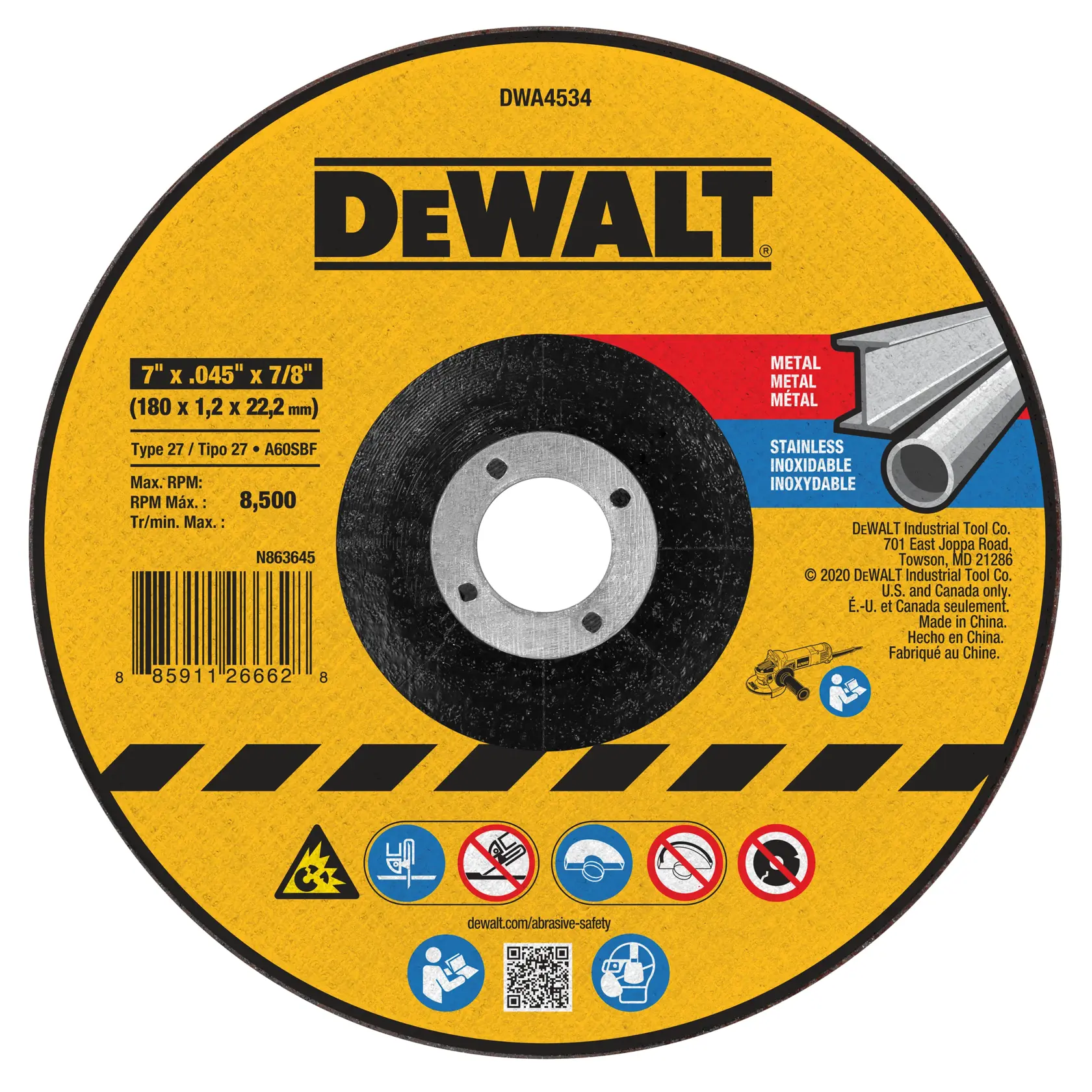 A DEWALT branded abrasive cutting wheel, model DWA4534, designed for use with metal and stainless steel. The wheel has specifications of 7 inches diameter, 0.045 inches thickness, and a 7/8 inch arbor, with a maximum RPM of 8,500. The label is yellow and black with product information, safety icons, and usage guidelines.
